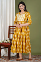 Mustard Ikat Cotton Maternity & Nursing Midi Dress