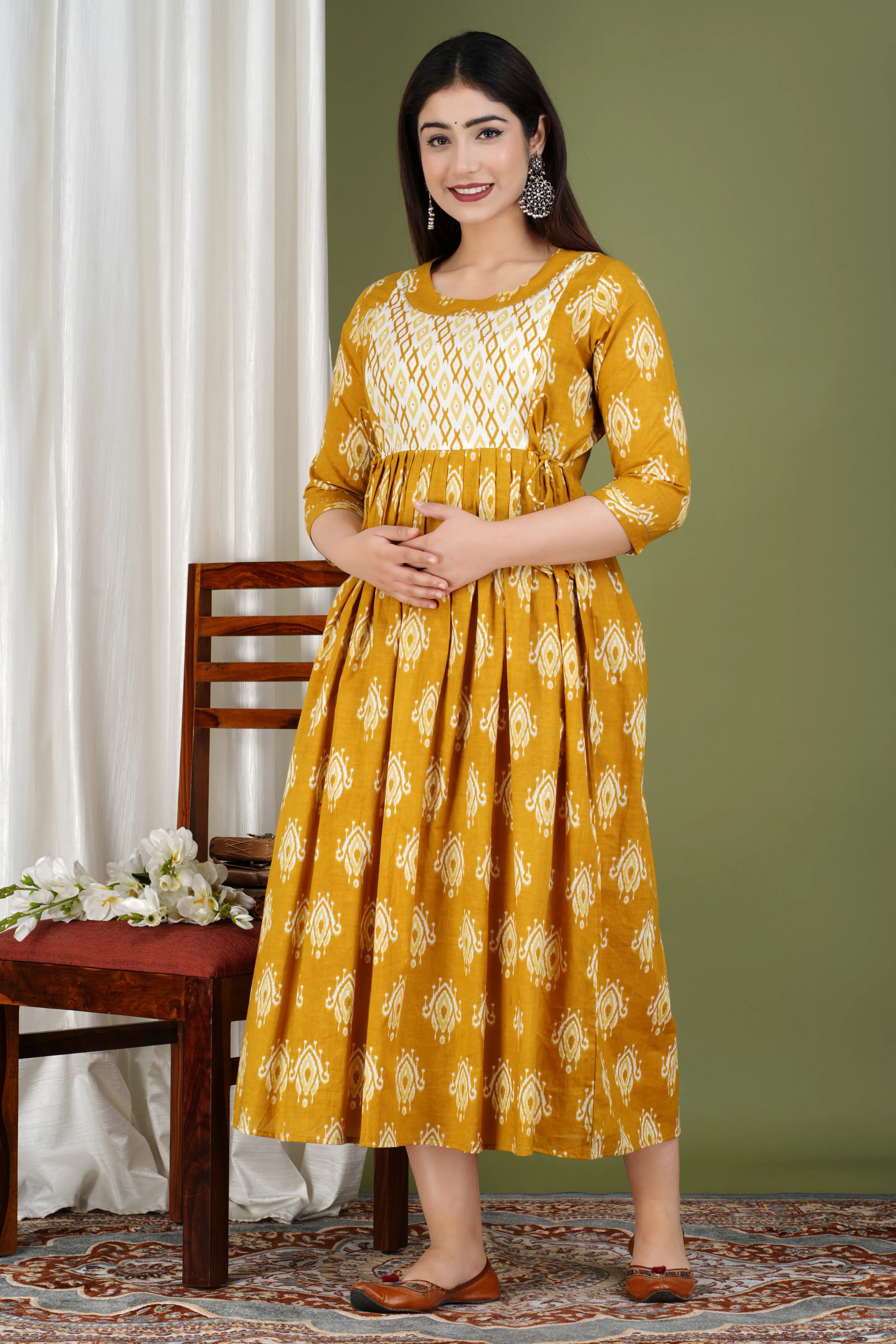 Mustard Ikat Cotton Maternity & Nursing Midi Dress