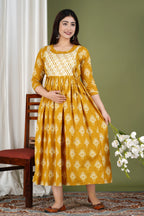 Mustard Ikat Cotton Maternity & Nursing Midi Dress