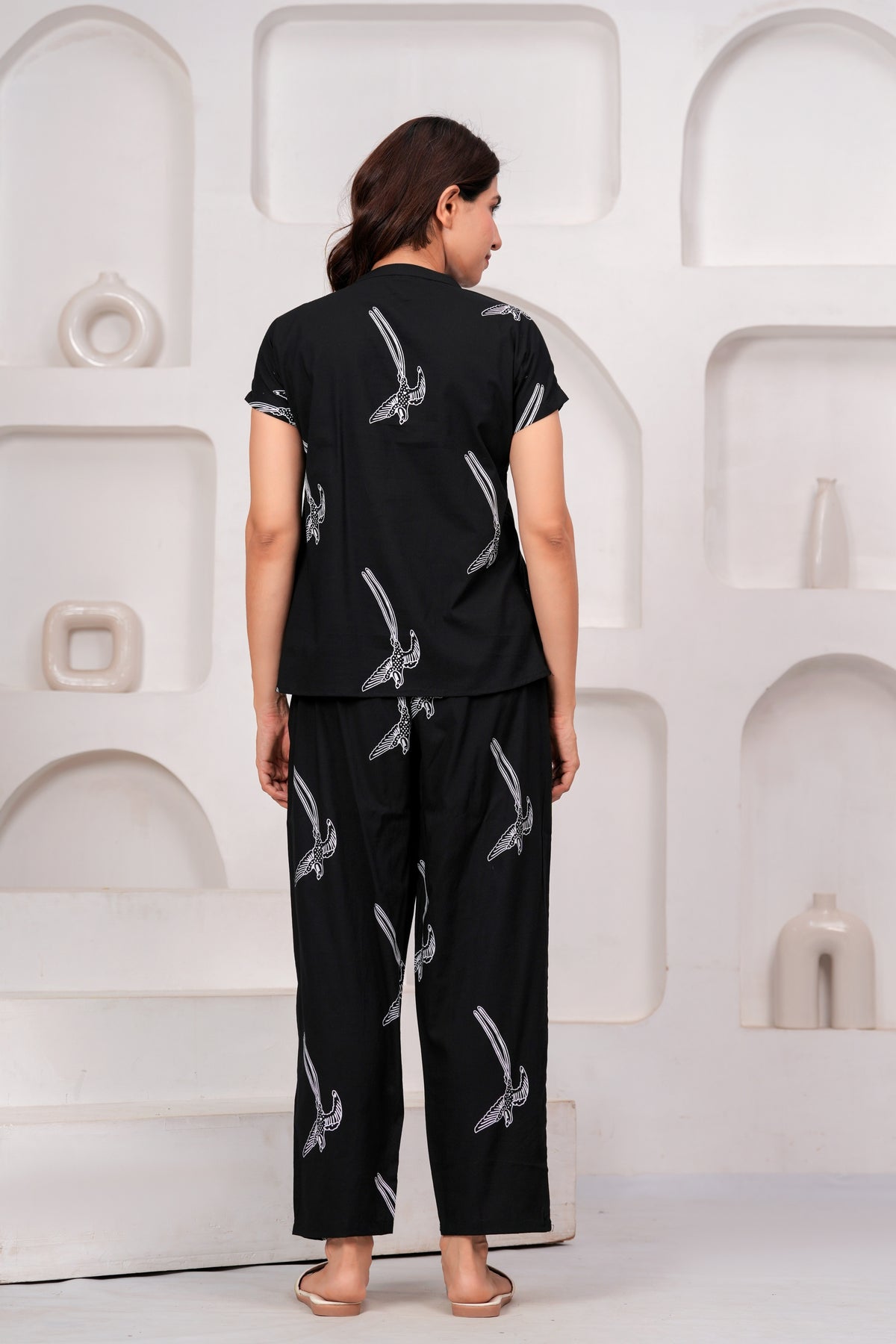 Clothycorp Black Bird Printed Night Suit for Women