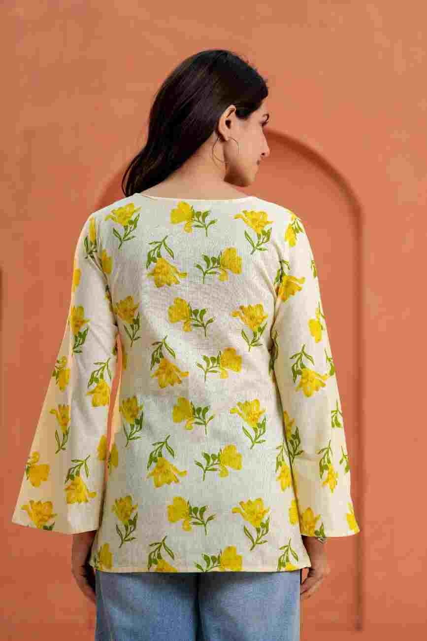 Clothycorp Cream Yellow Floral Printed Bell Sleeve Kurti for Women