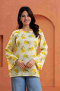 Clothycorp Cream Yellow Floral Printed Bell Sleeve Kurti for Women
