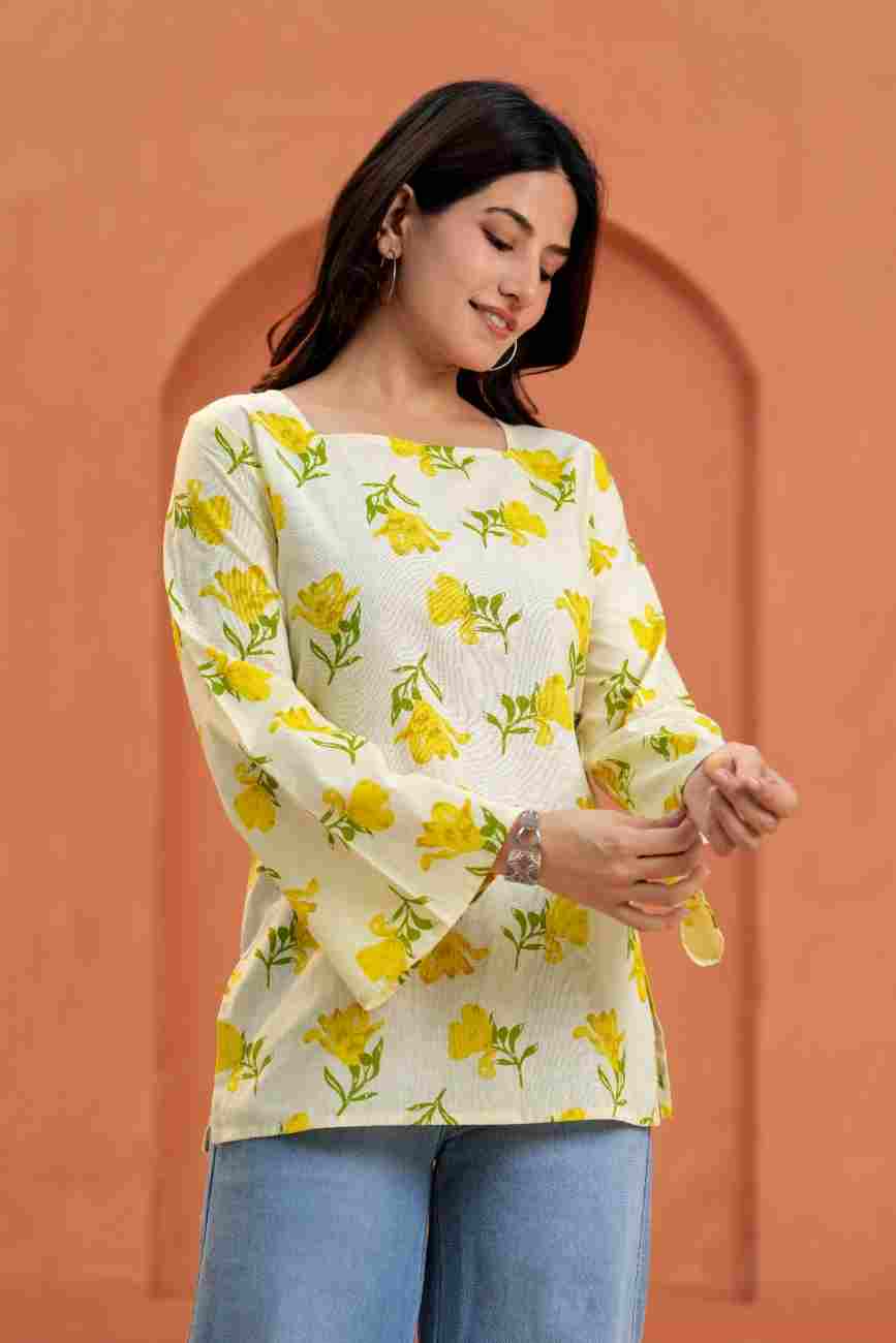 Clothycorp Cream Yellow Floral Printed Bell Sleeve Kurti for Women