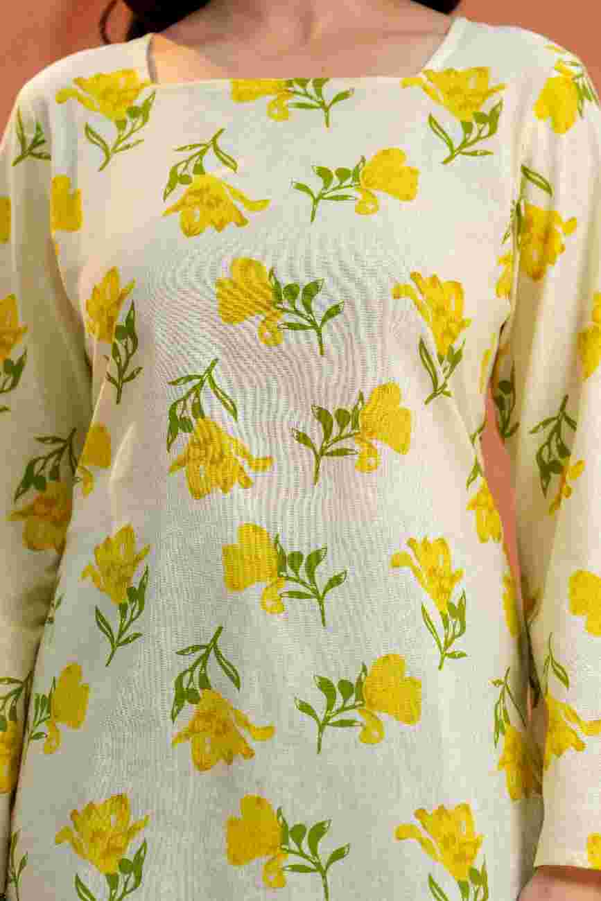 Clothycorp Cream Yellow Floral Printed Bell Sleeve Kurti for Women