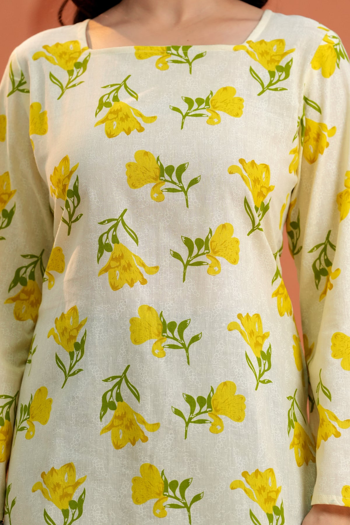 Clothycorp Cream Yellow Floral Printed Bell Sleeve Kurti for Women