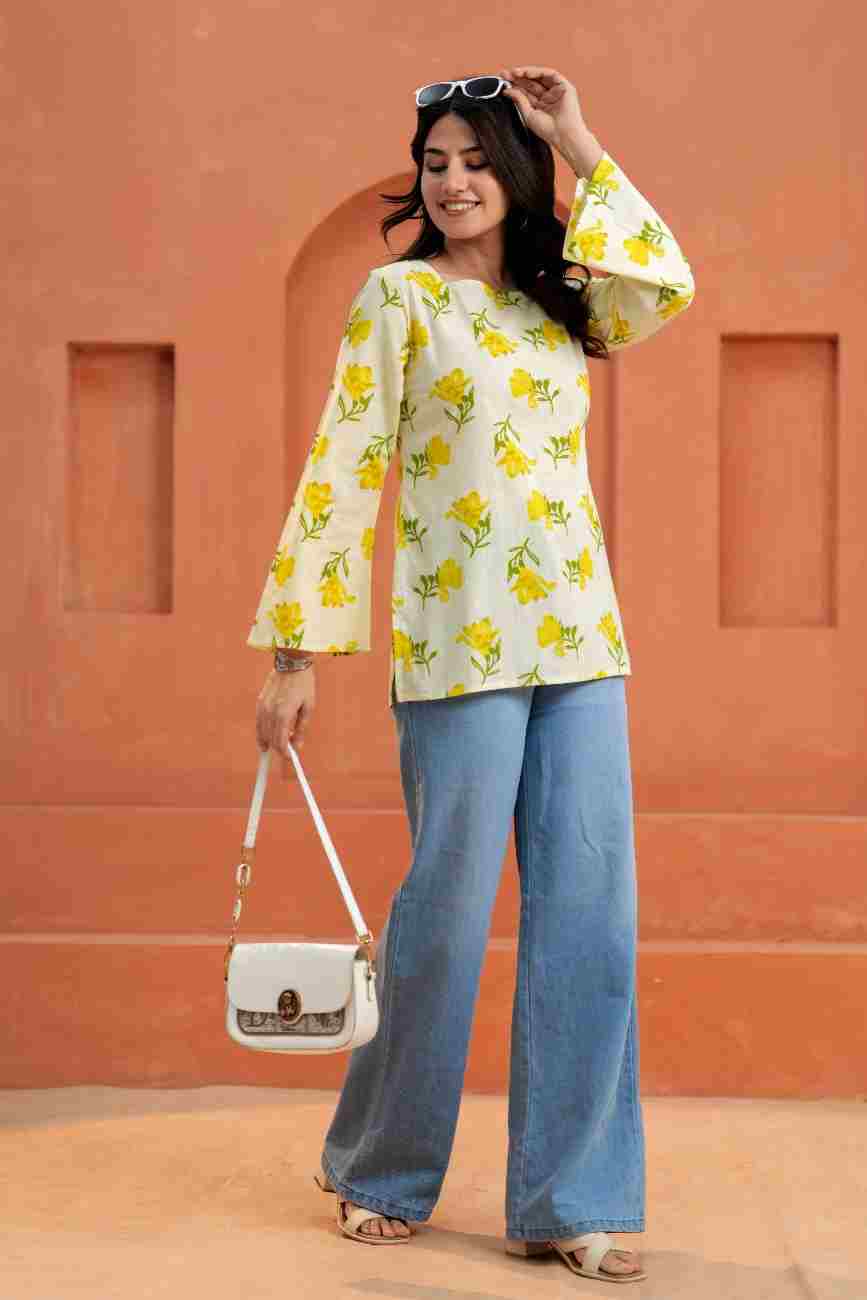 Clothycorp Cream Yellow Floral Printed Bell Sleeve Kurti for Women