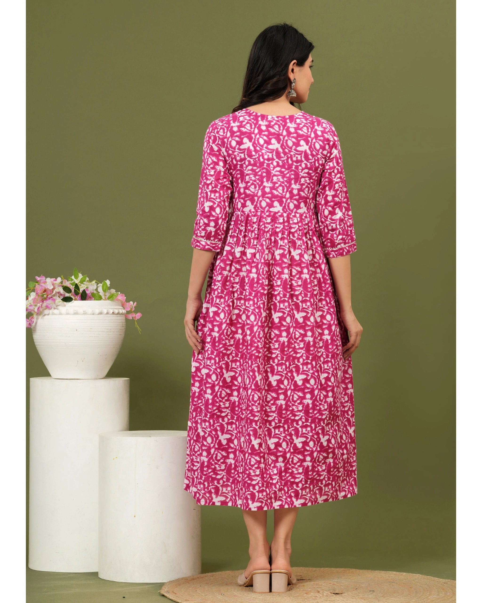 Pink Printed Maternity & Feeding Kurti with Side Zip