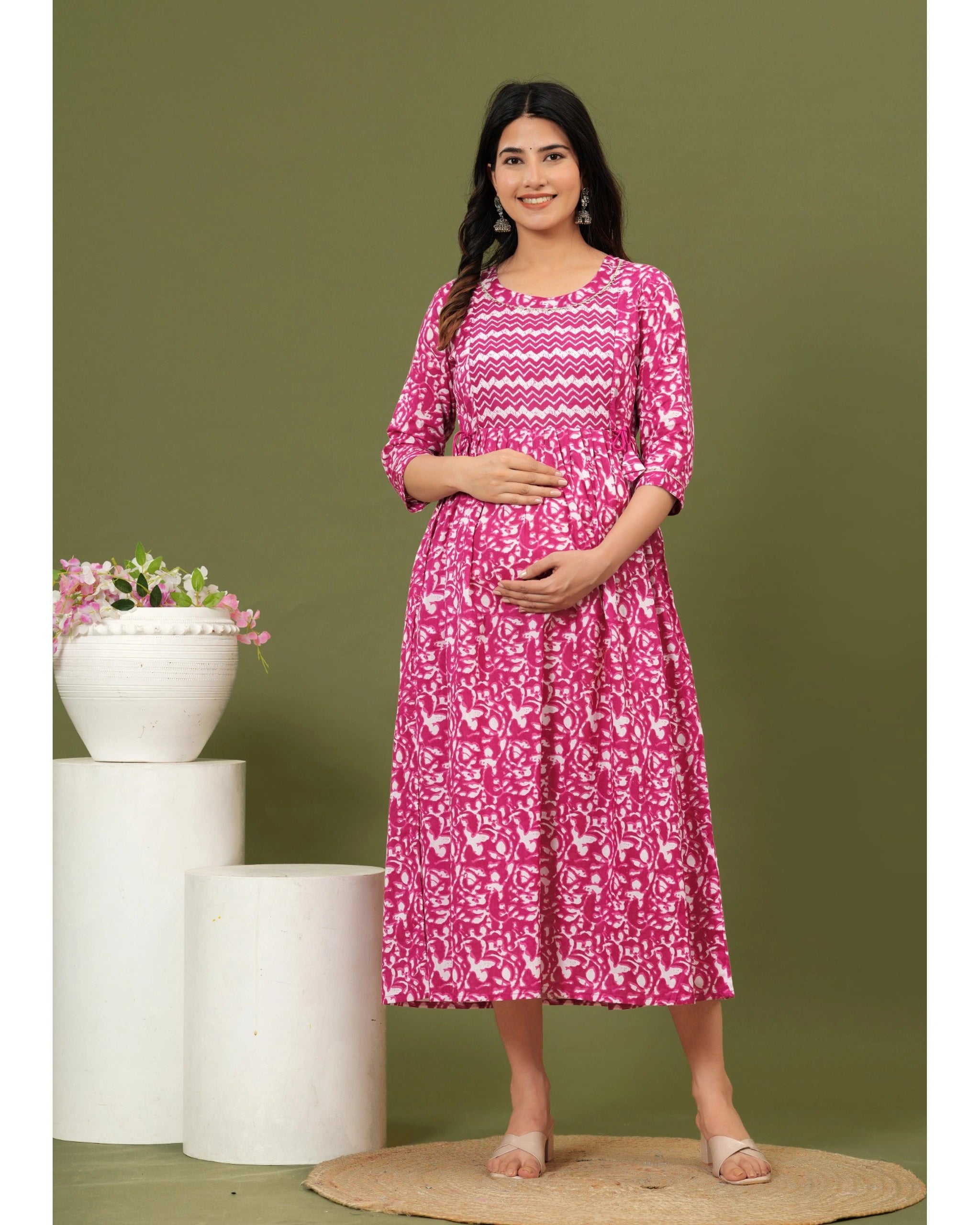 Pink Printed Maternity & Feeding Kurti with Side Zip