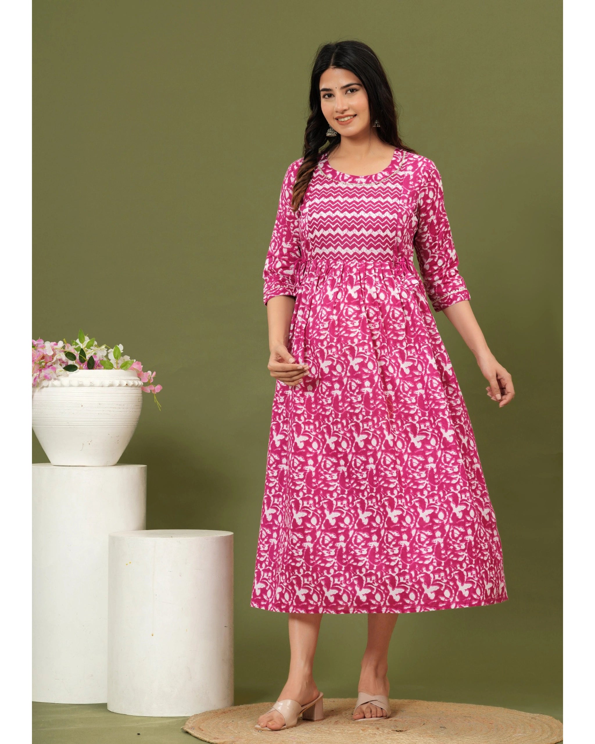 Pink Printed Maternity & Feeding Kurti with Side Zip