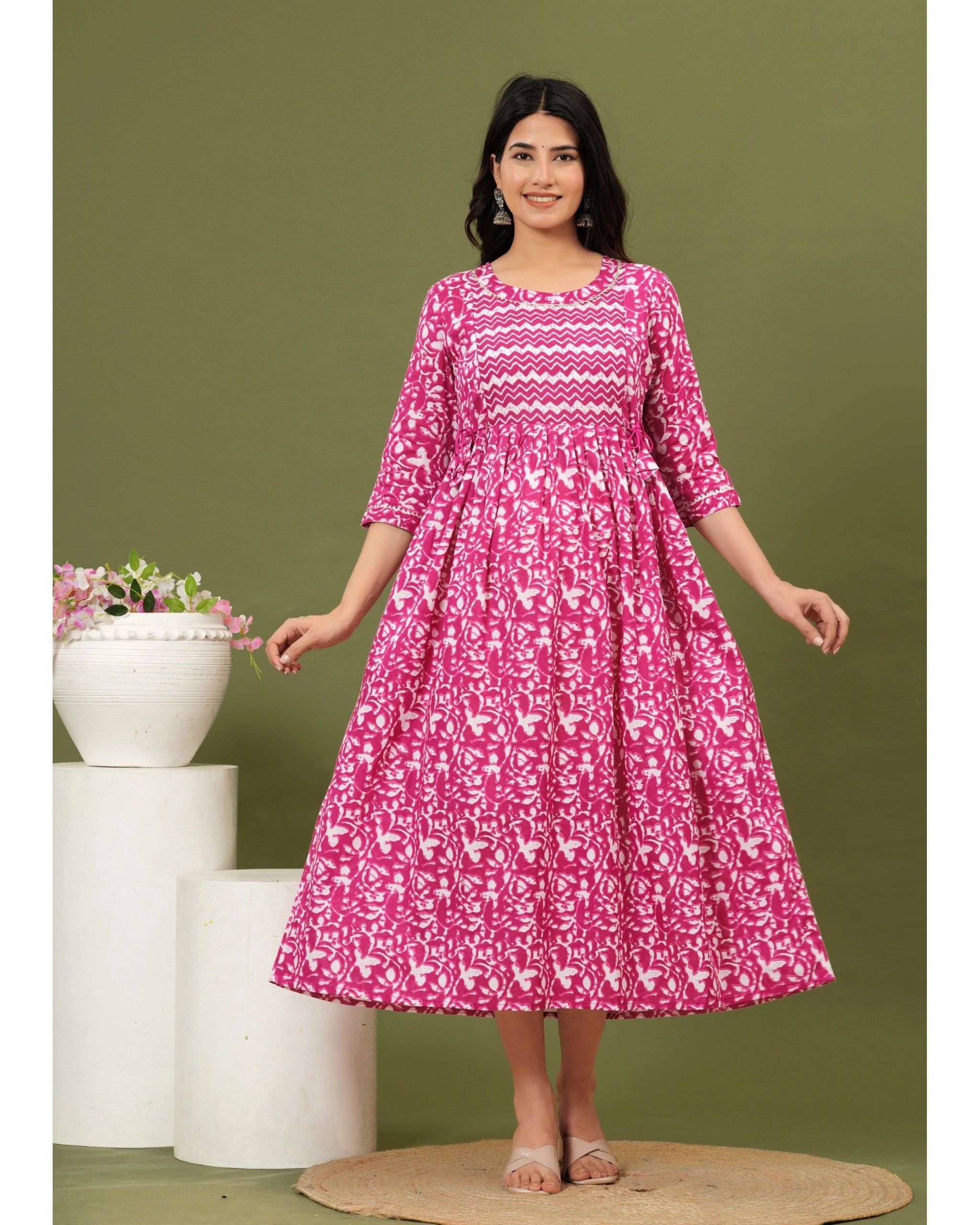Pink Printed Maternity & Feeding Kurti with Side Zip