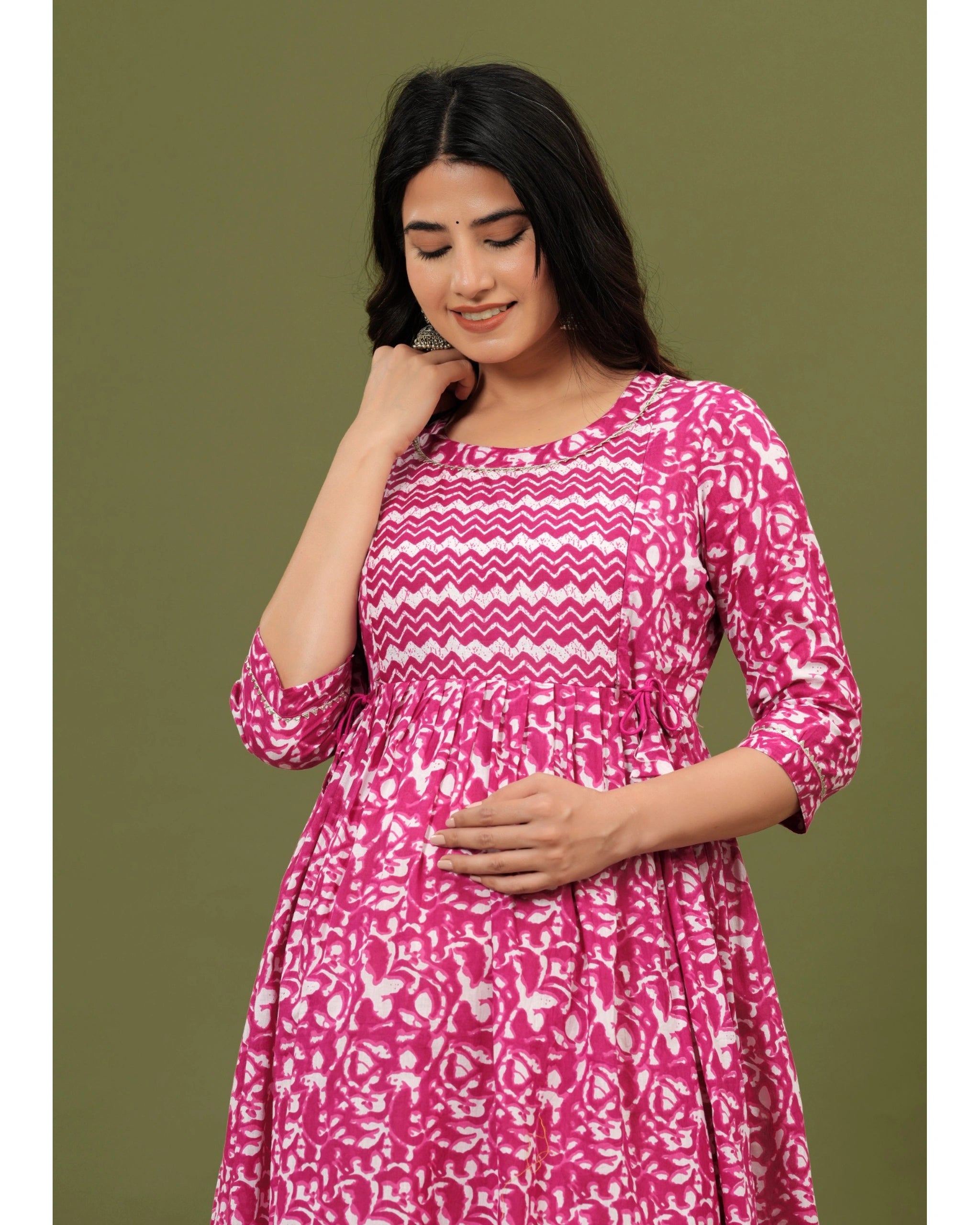 Pink Printed Maternity & Feeding Kurti with Side Zip