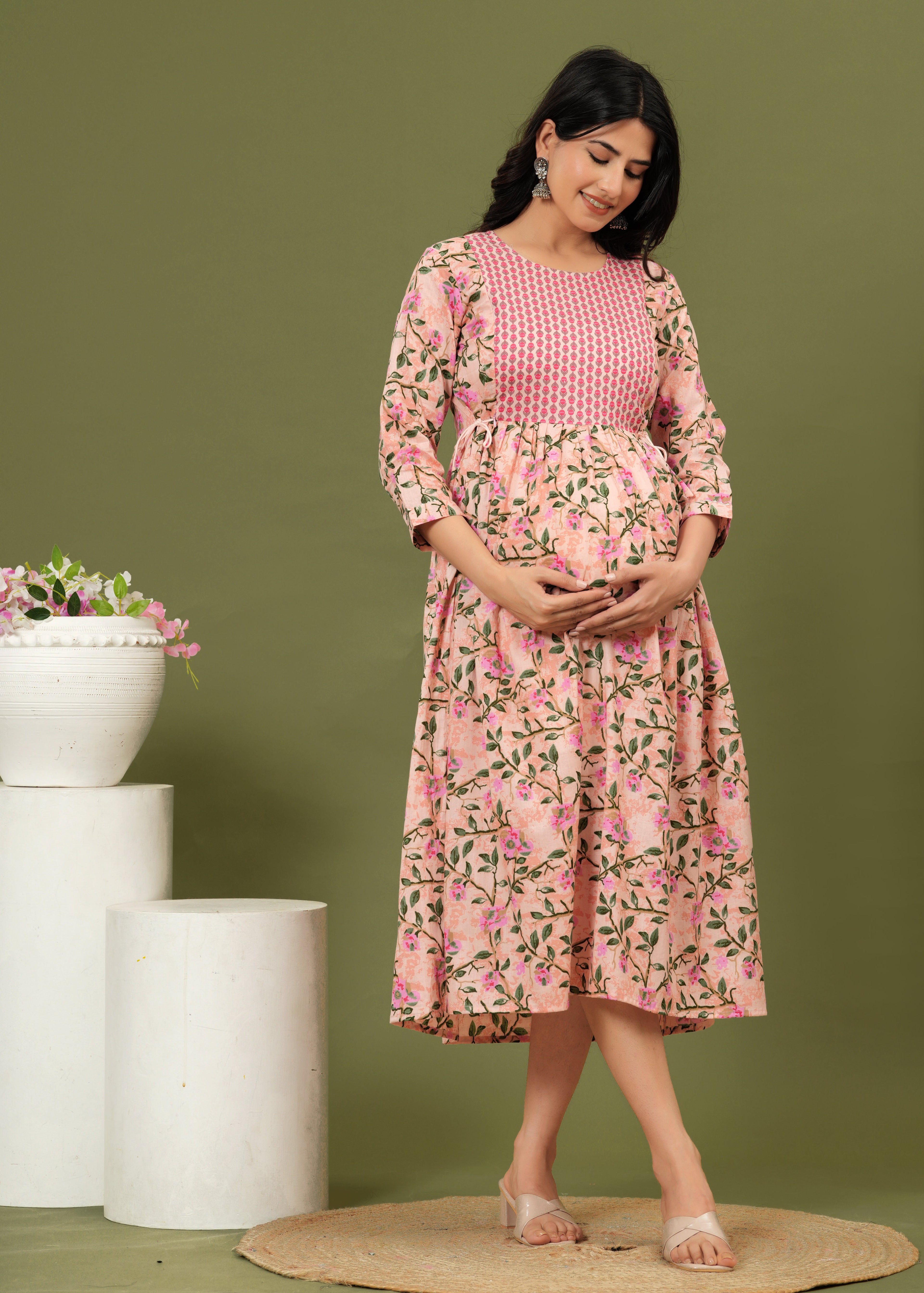 Soft Cotton Pink Floral Maternity Dress for Moms-to-Be