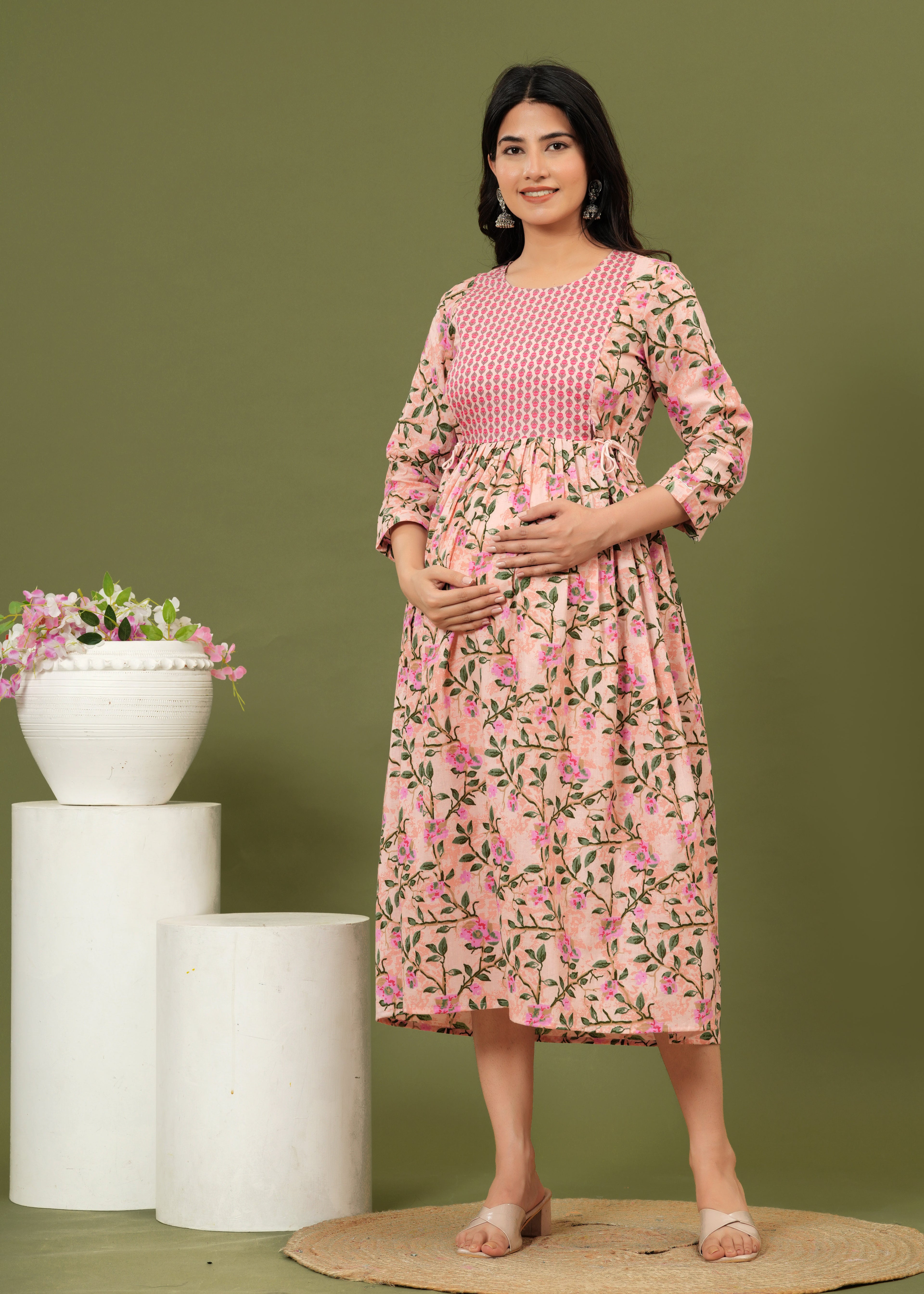 Soft Cotton Pink Floral Maternity Dress for Moms-to-Be