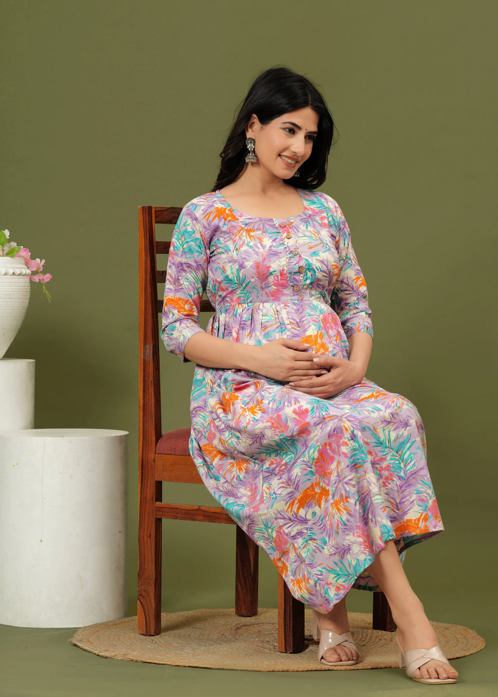 Floral Breeze Cotton Maternity Midi Dress – Soft & Stylish Pregnancy Wear
