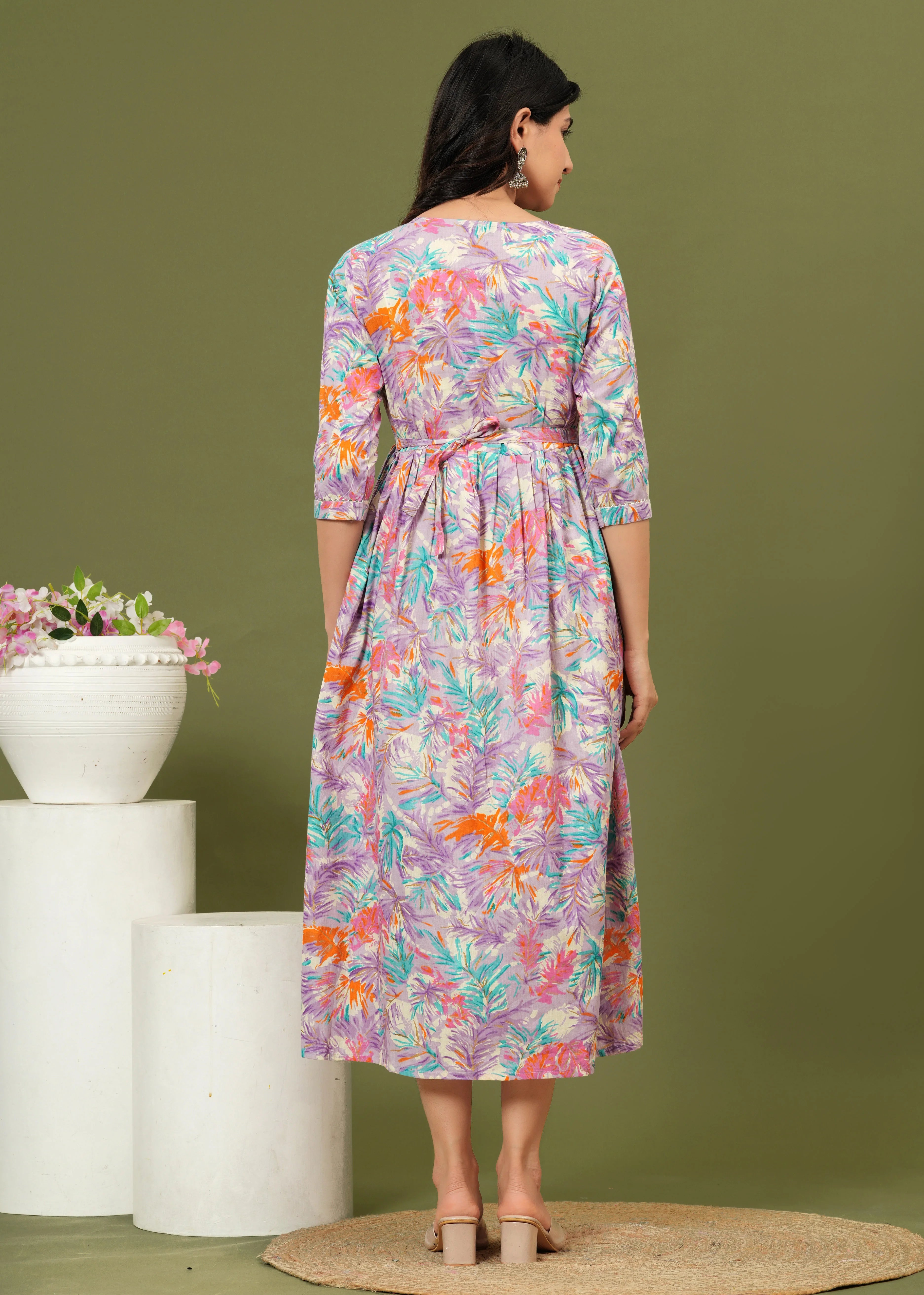 Floral Breeze Cotton Maternity Midi Dress – Soft & Stylish Pregnancy Wear