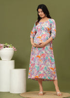 Floral Breeze Cotton Maternity Midi Dress – Soft & Stylish Pregnancy Wear