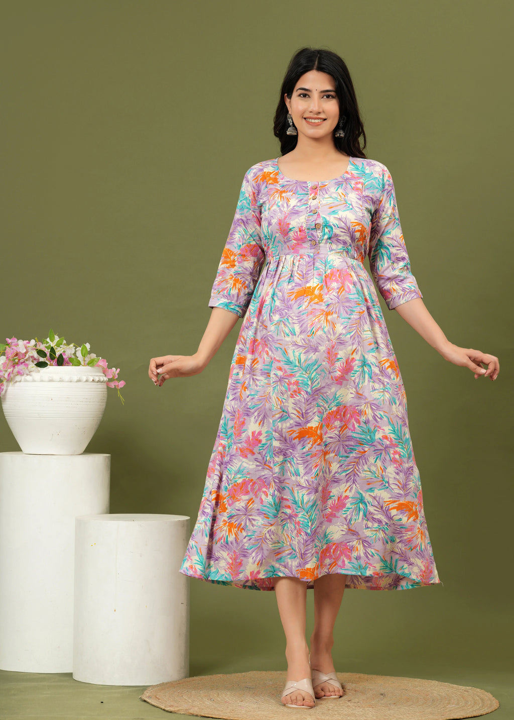 Floral Breeze Cotton Maternity Midi Dress – Soft & Stylish Pregnancy Wear