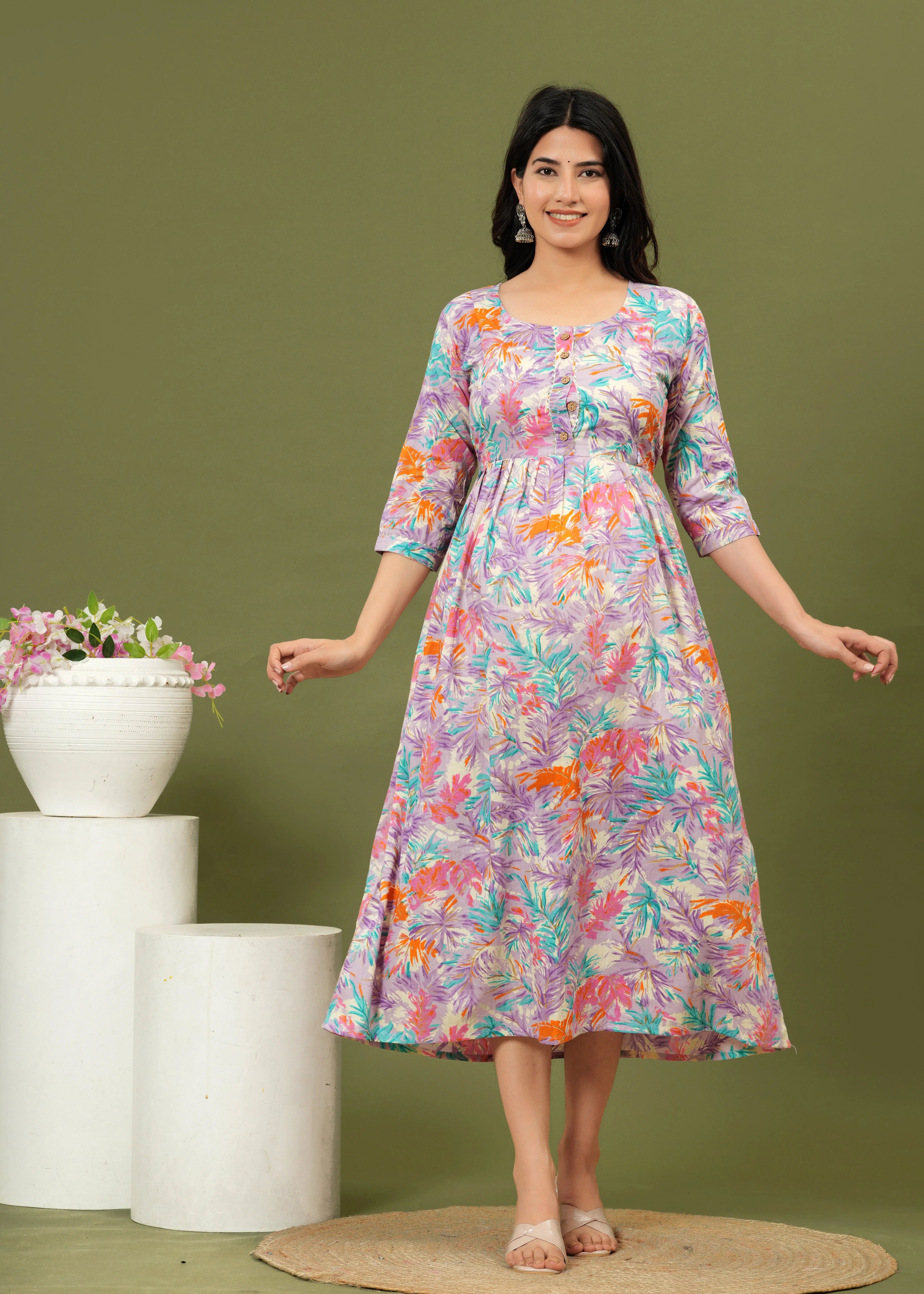 Floral Breeze Cotton Maternity Midi Dress – Soft & Stylish Pregnancy Wear