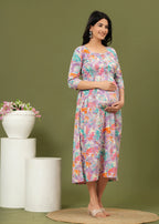 Floral Breeze Cotton Maternity Midi Dress – Soft & Stylish Pregnancy Wear