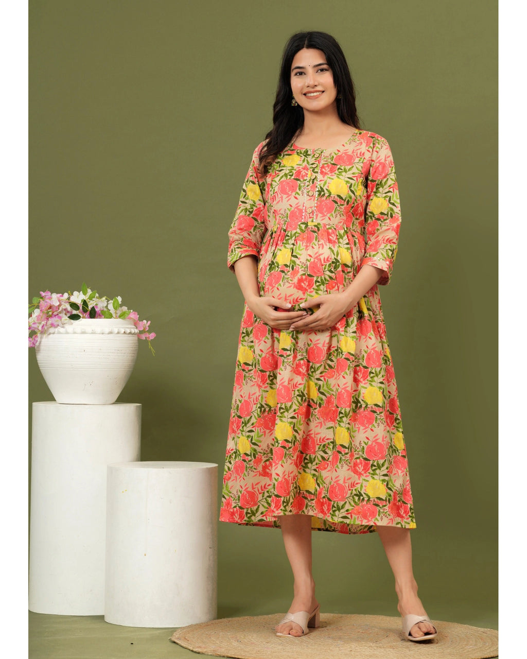 Rose Bloom Cotton Maternity & Feeding Dress – Comfortable Fit