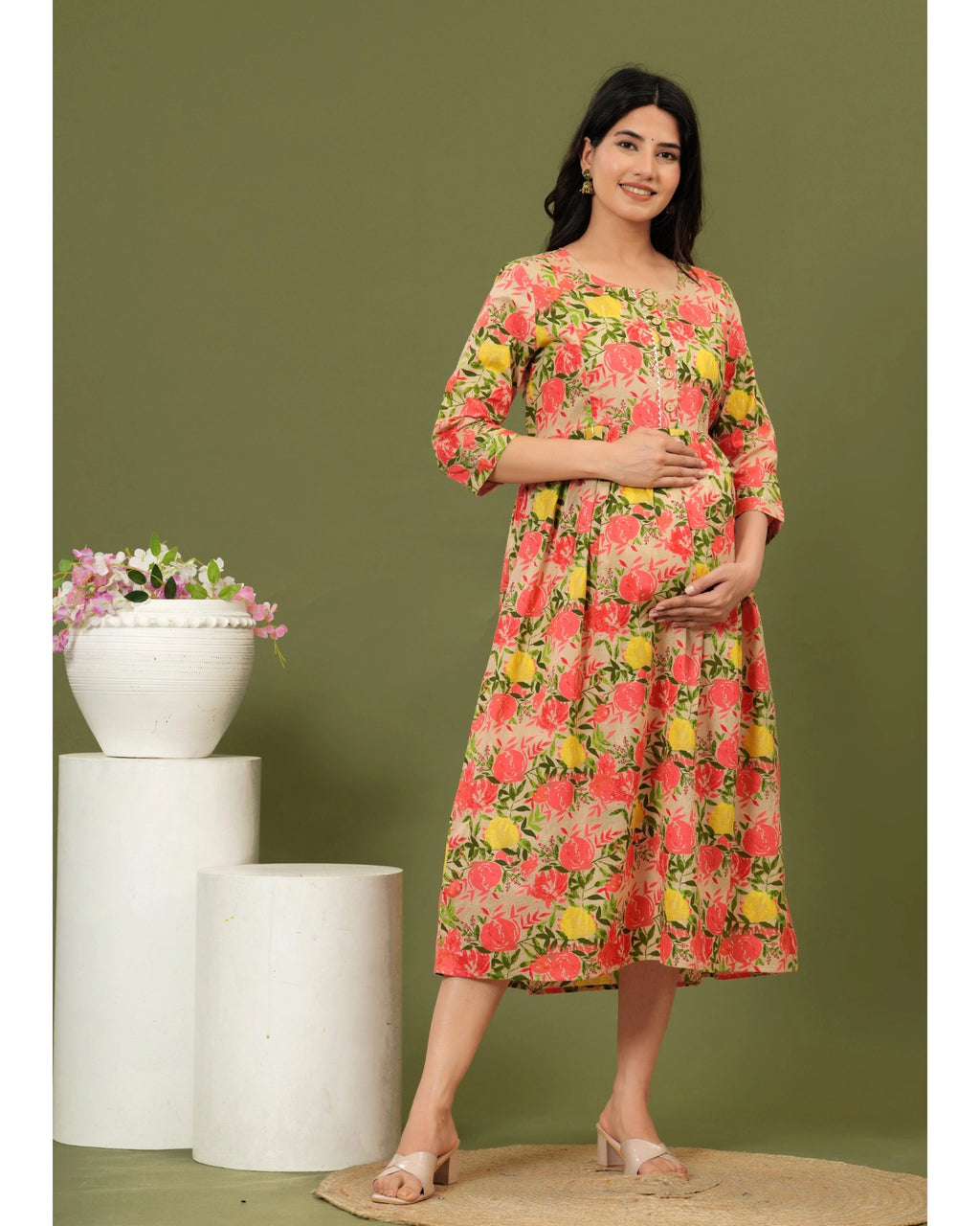 Rose Bloom Cotton Maternity & Feeding Dress – Comfortable Fit