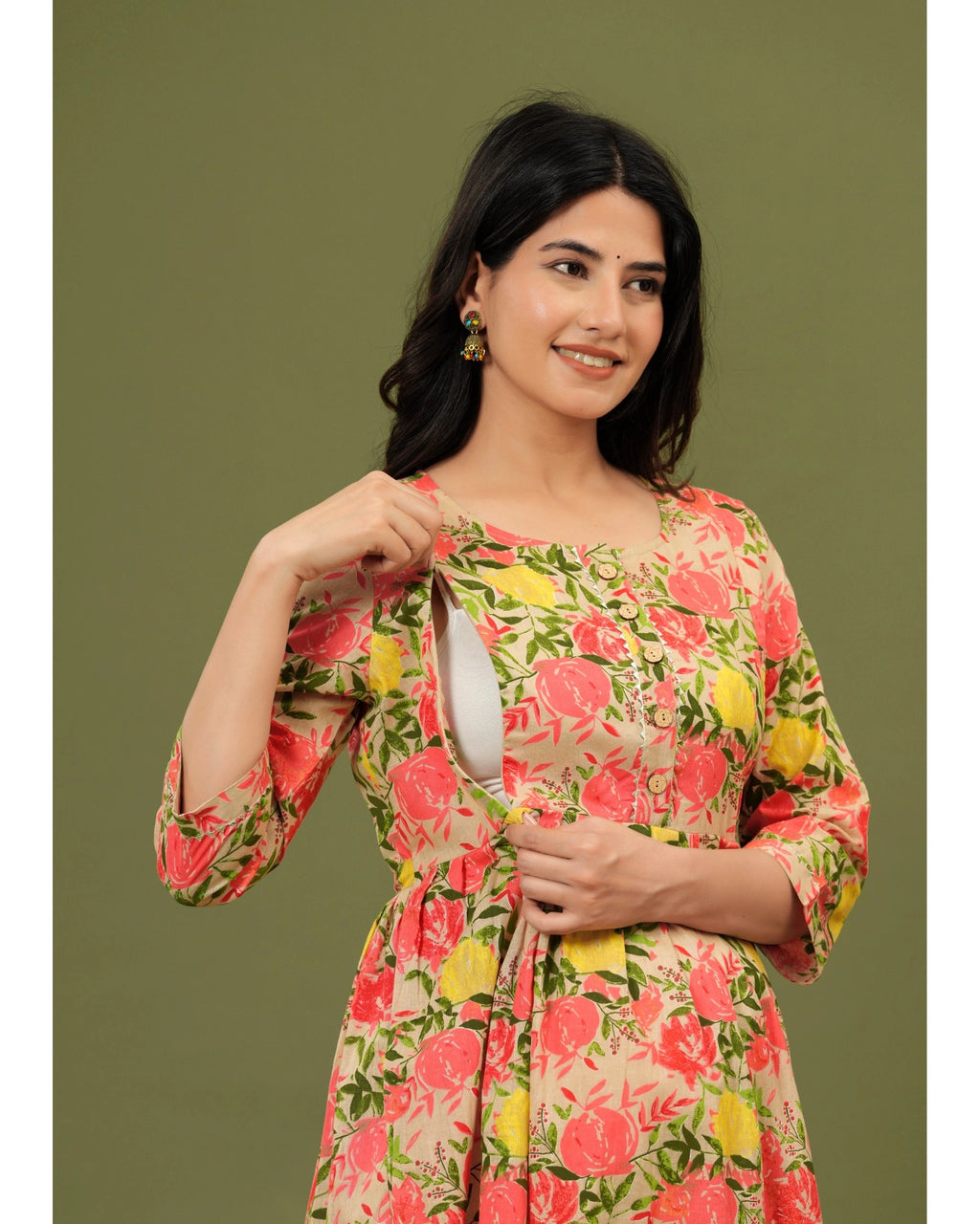 Rose Bloom Cotton Maternity & Feeding Dress – Comfortable Fit