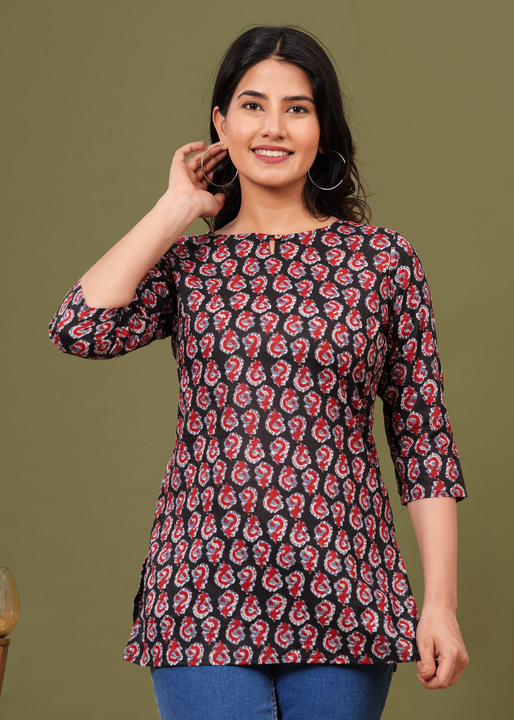 Black & Red Paisley Printed Crepe Top for Women