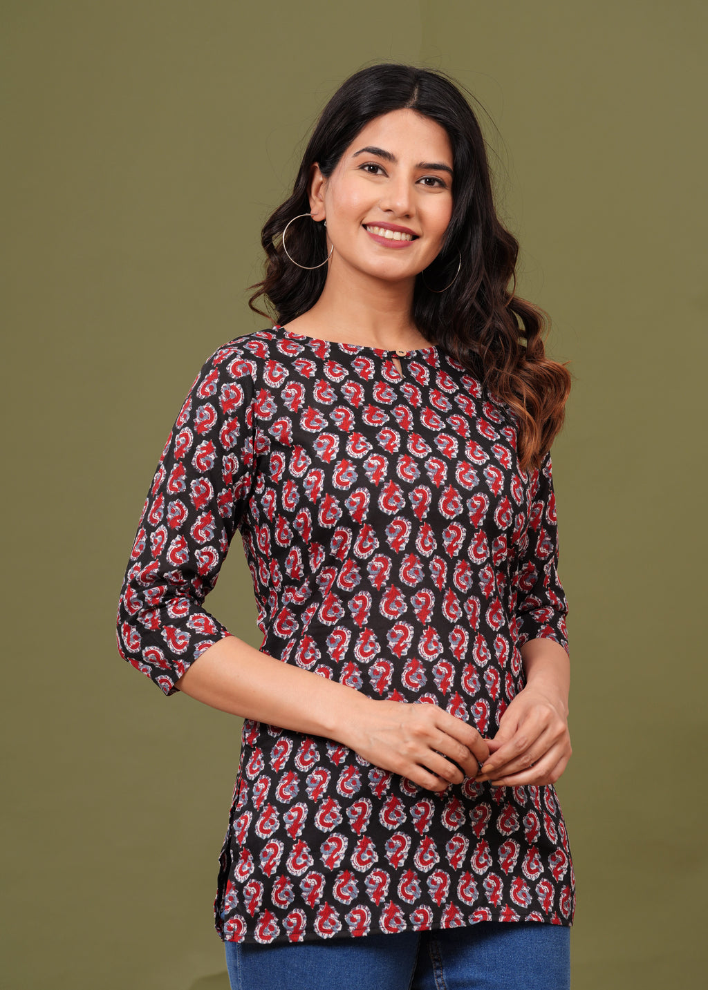 Black & Red Paisley Printed Crepe Top for Women