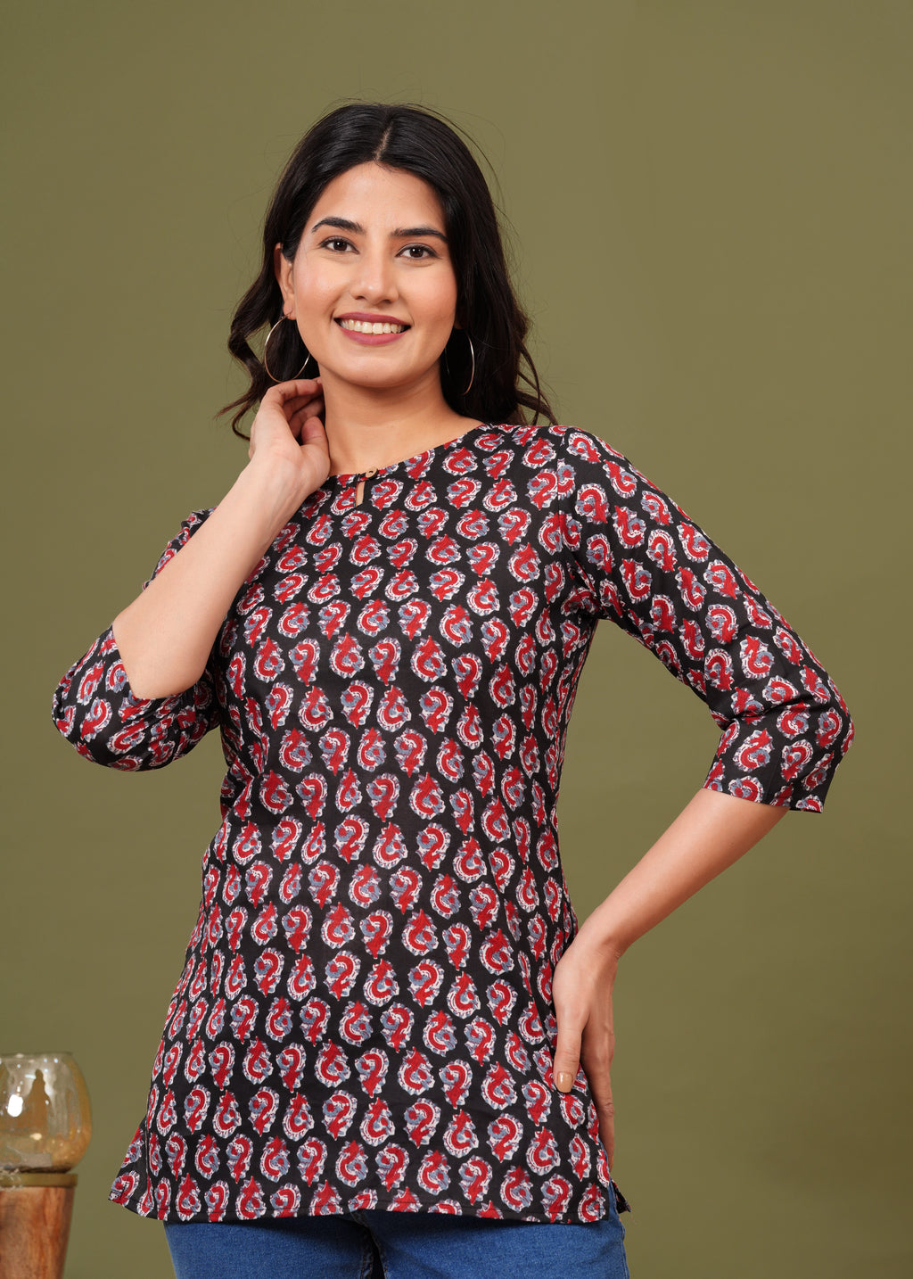 Black & Red Paisley Printed Crepe Top for Women