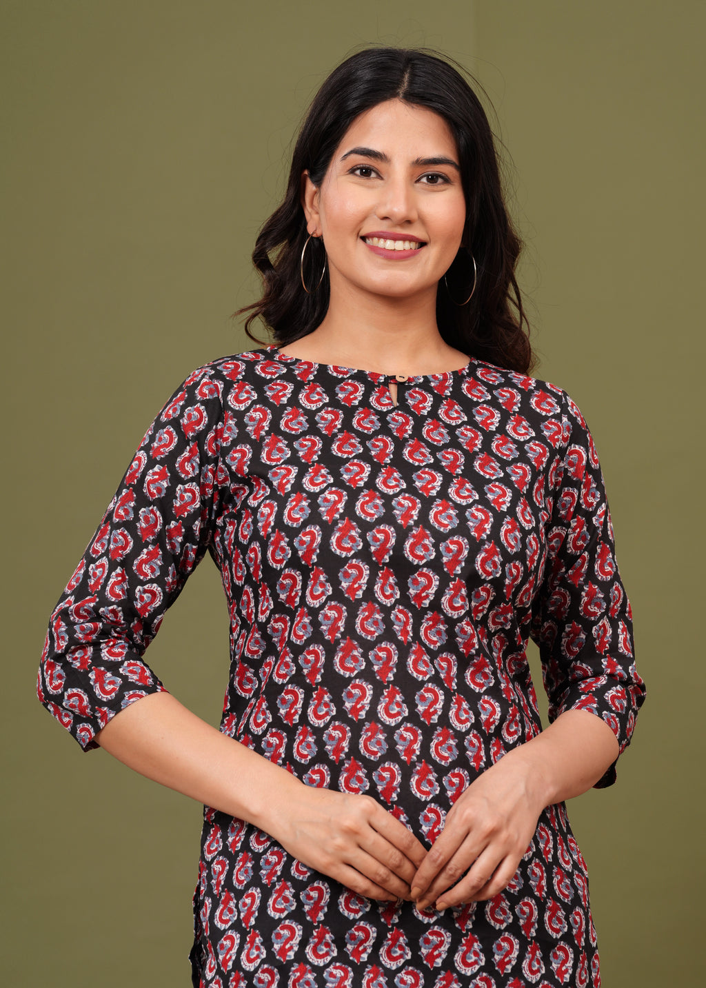 Black & Red Paisley Printed Crepe Top for Women