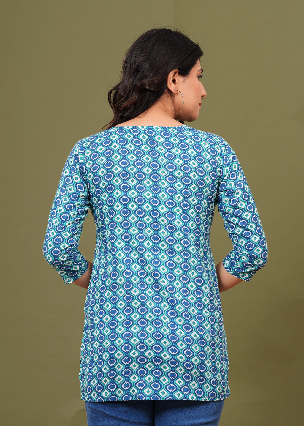 Blue Teal Geometric Cotton Straight Top for Women