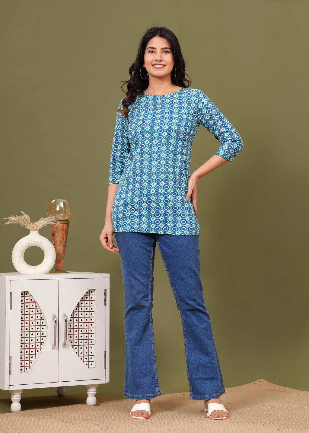 Blue Teal Geometric Cotton Straight Top for Women
