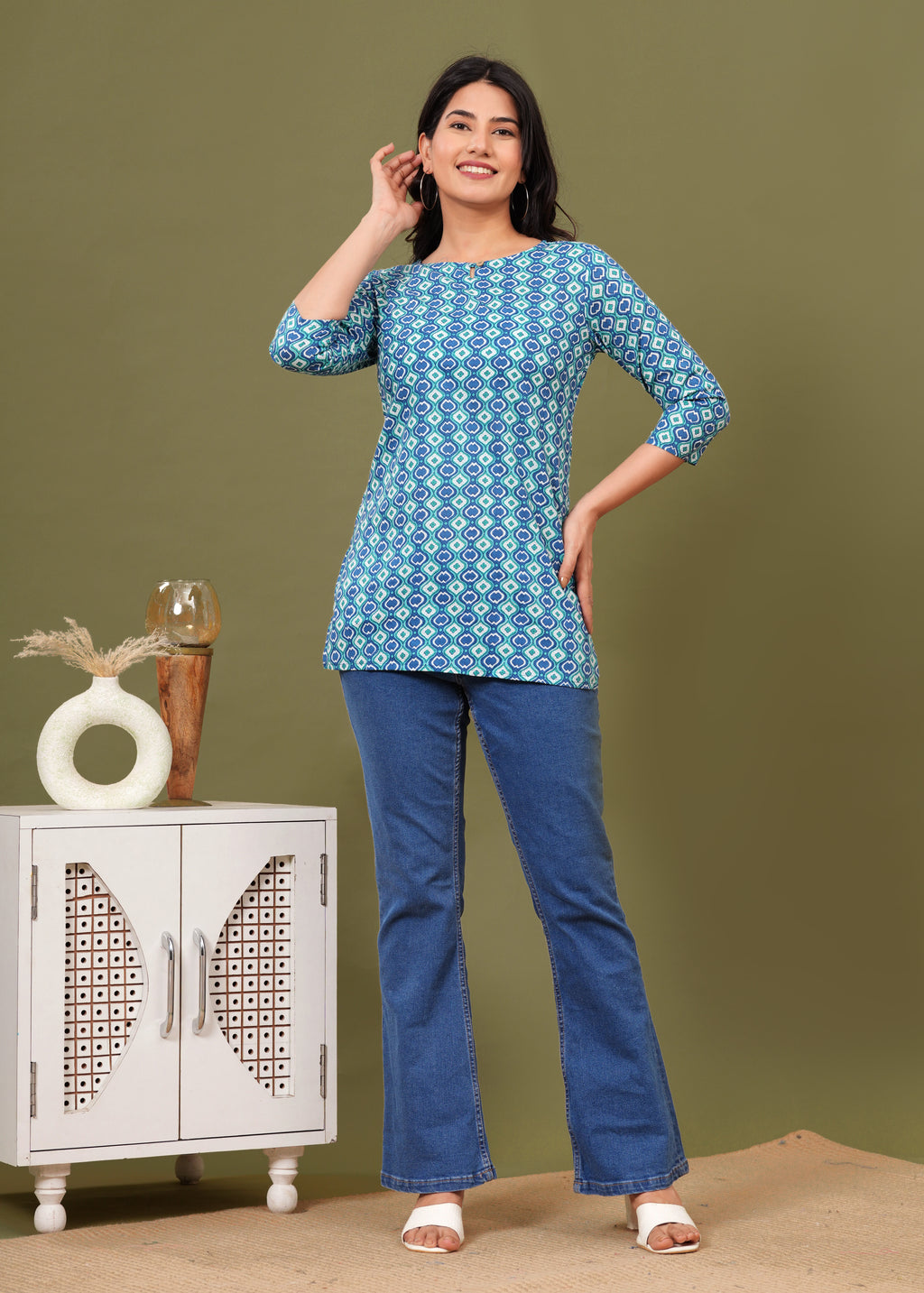 Blue Teal Geometric Cotton Straight Top for Women