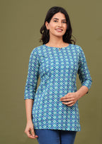 Blue Teal Geometric Cotton Straight Top for Women