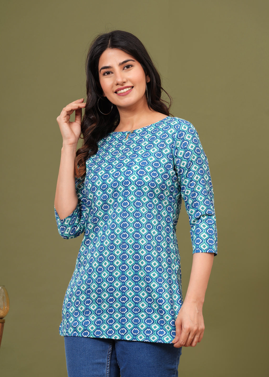 Blue Teal Geometric Cotton Straight Top for Women