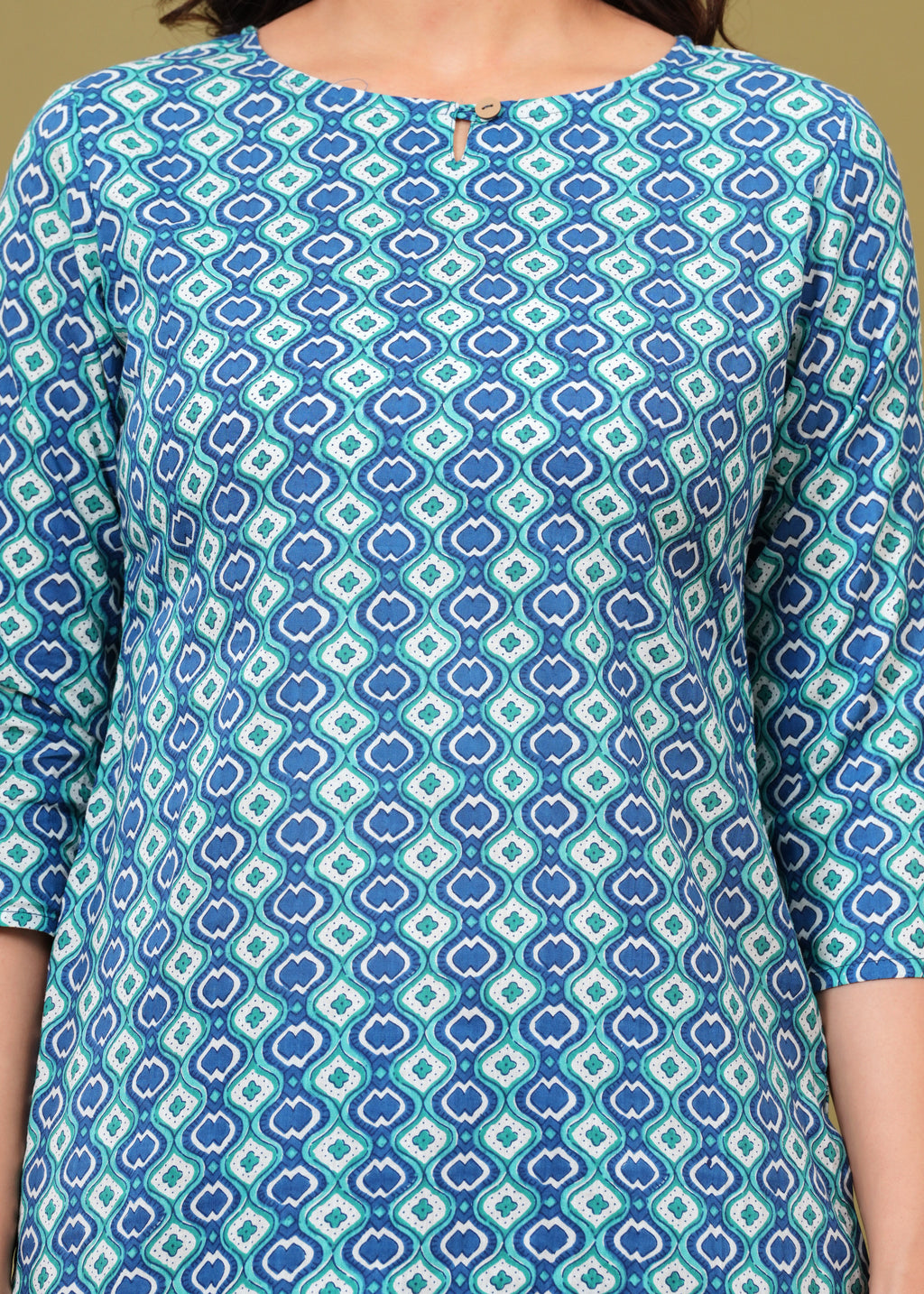 Blue Teal Geometric Cotton Straight Top for Women