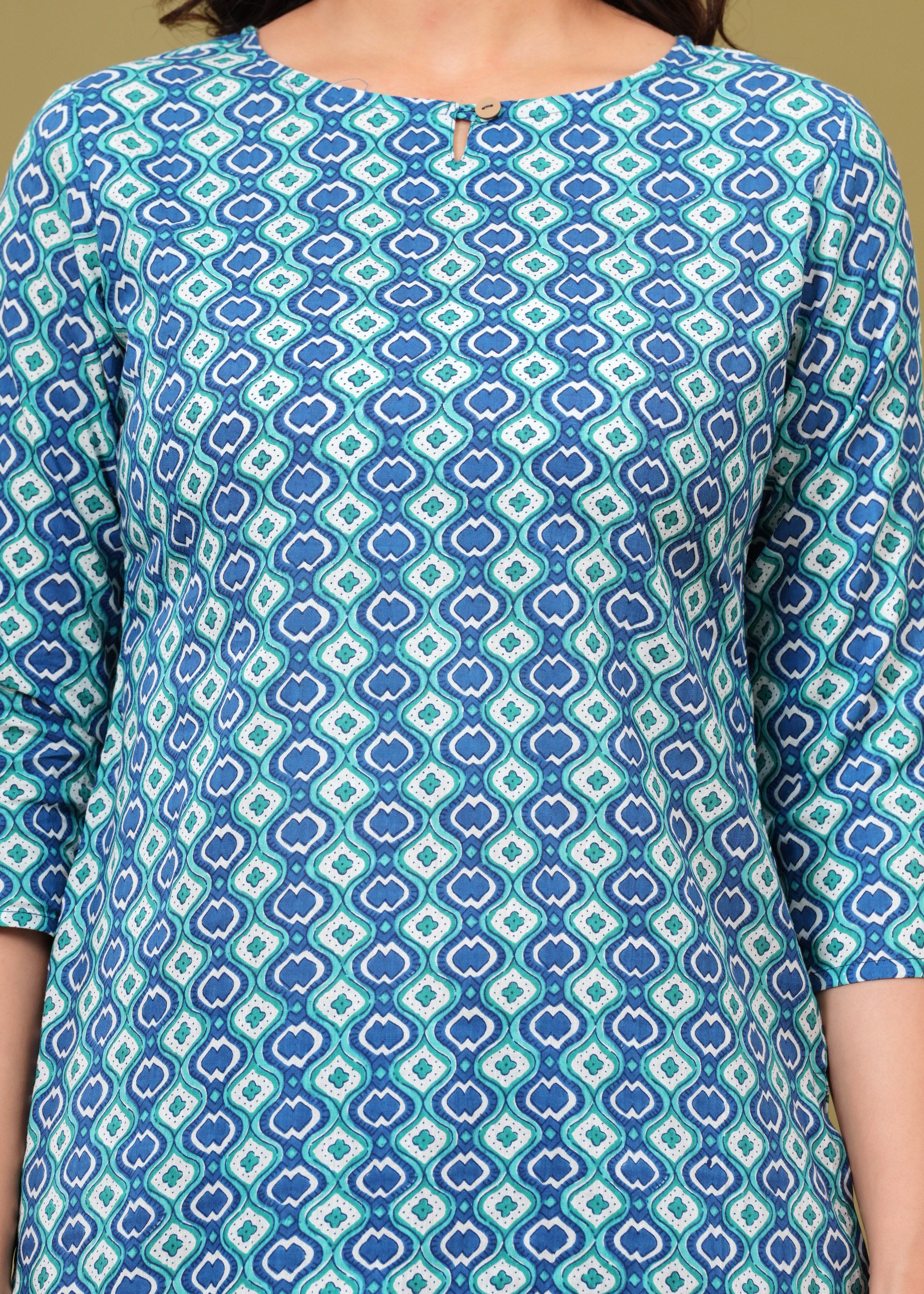 Blue Teal Geometric Cotton Straight Top for Women