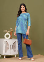 Blue Teal Geometric Cotton Straight Top for Women