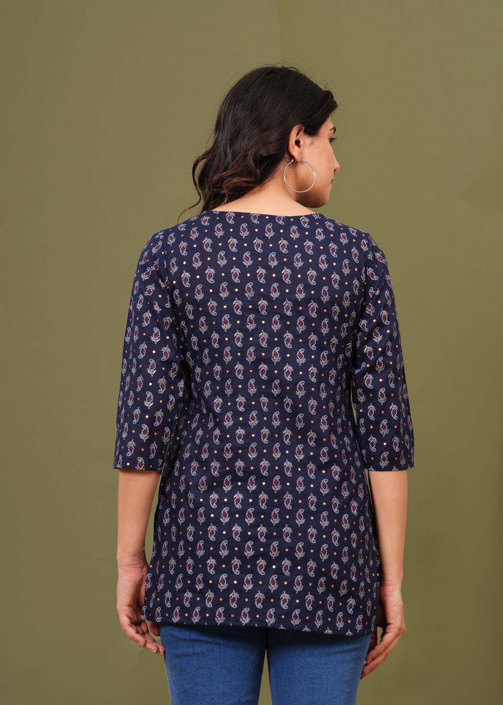 Navy Blue Regular Fit Cotton Top with All-Over Print