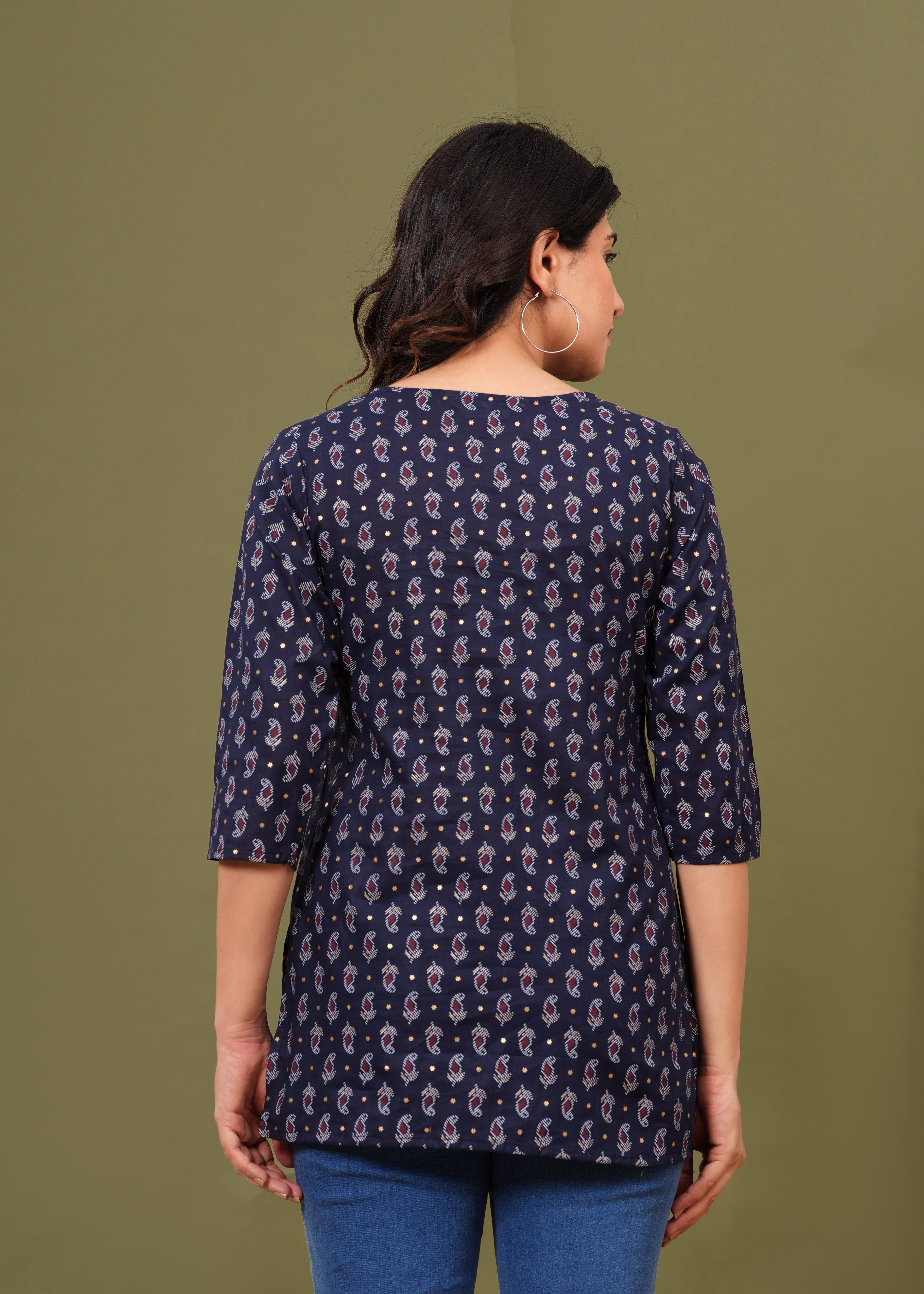 Navy Blue Regular Fit Cotton Top with All-Over Print