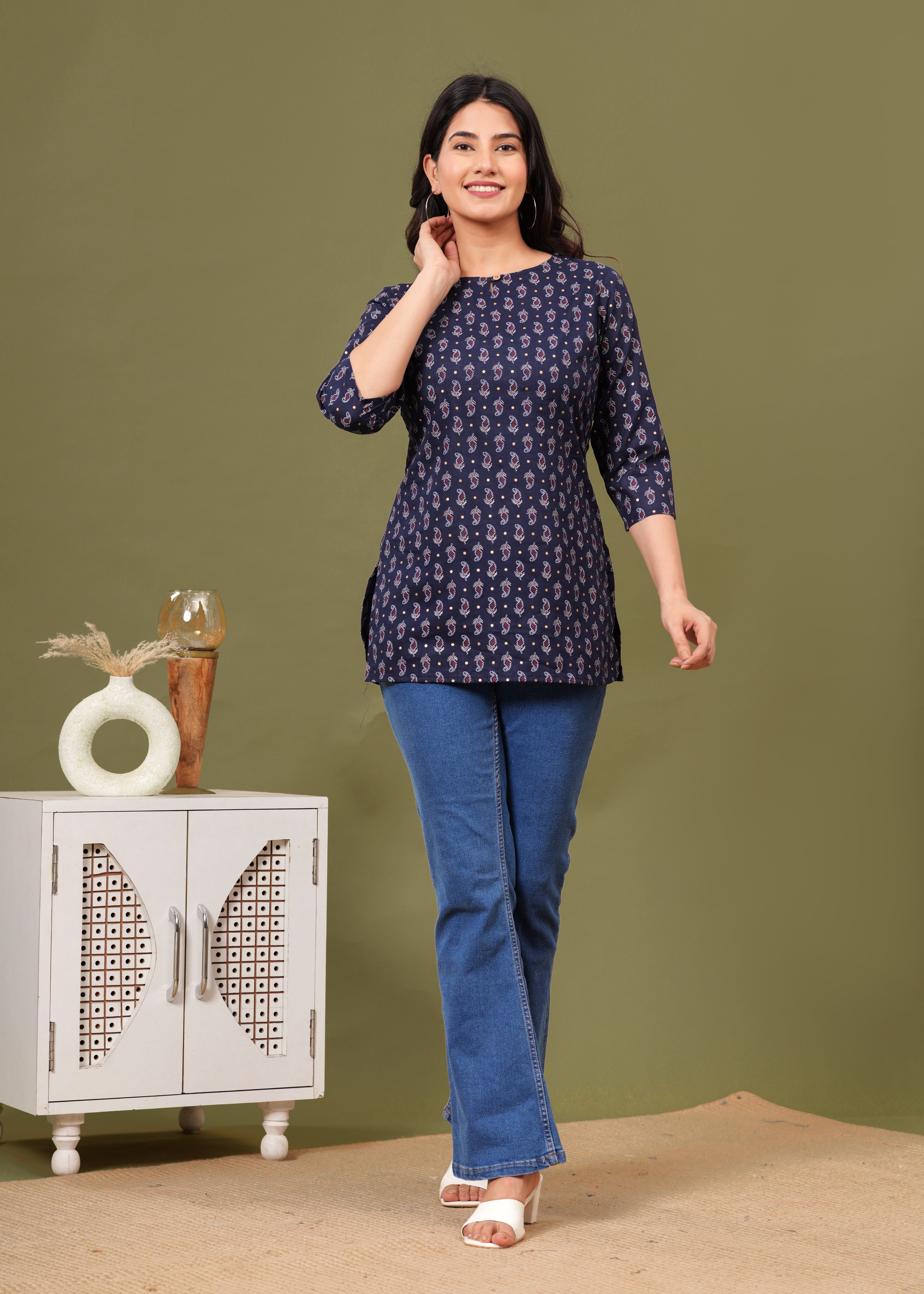 Navy Blue Regular Fit Cotton Top with All-Over Print