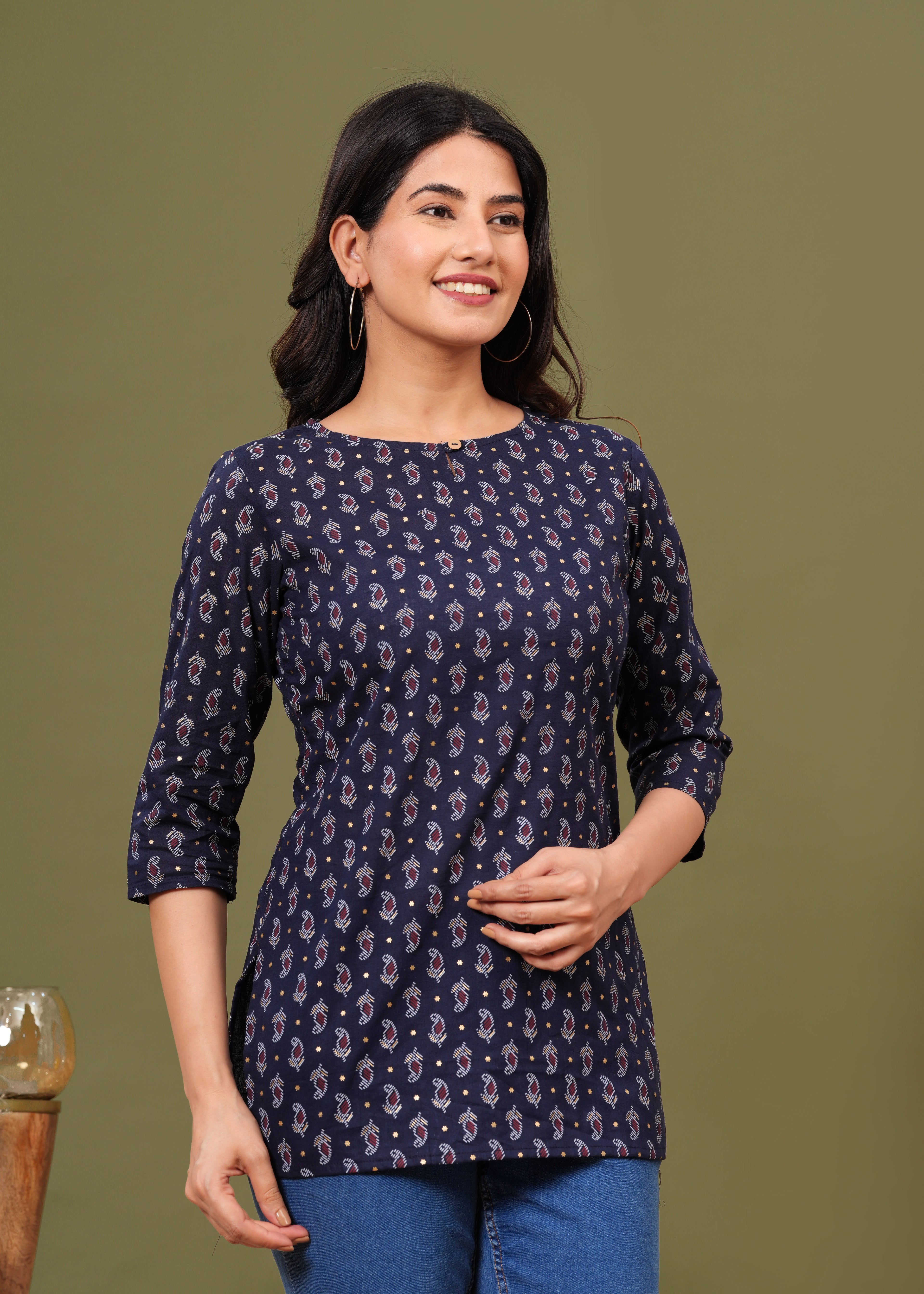 Navy Blue Regular Fit Cotton Top with All-Over Print