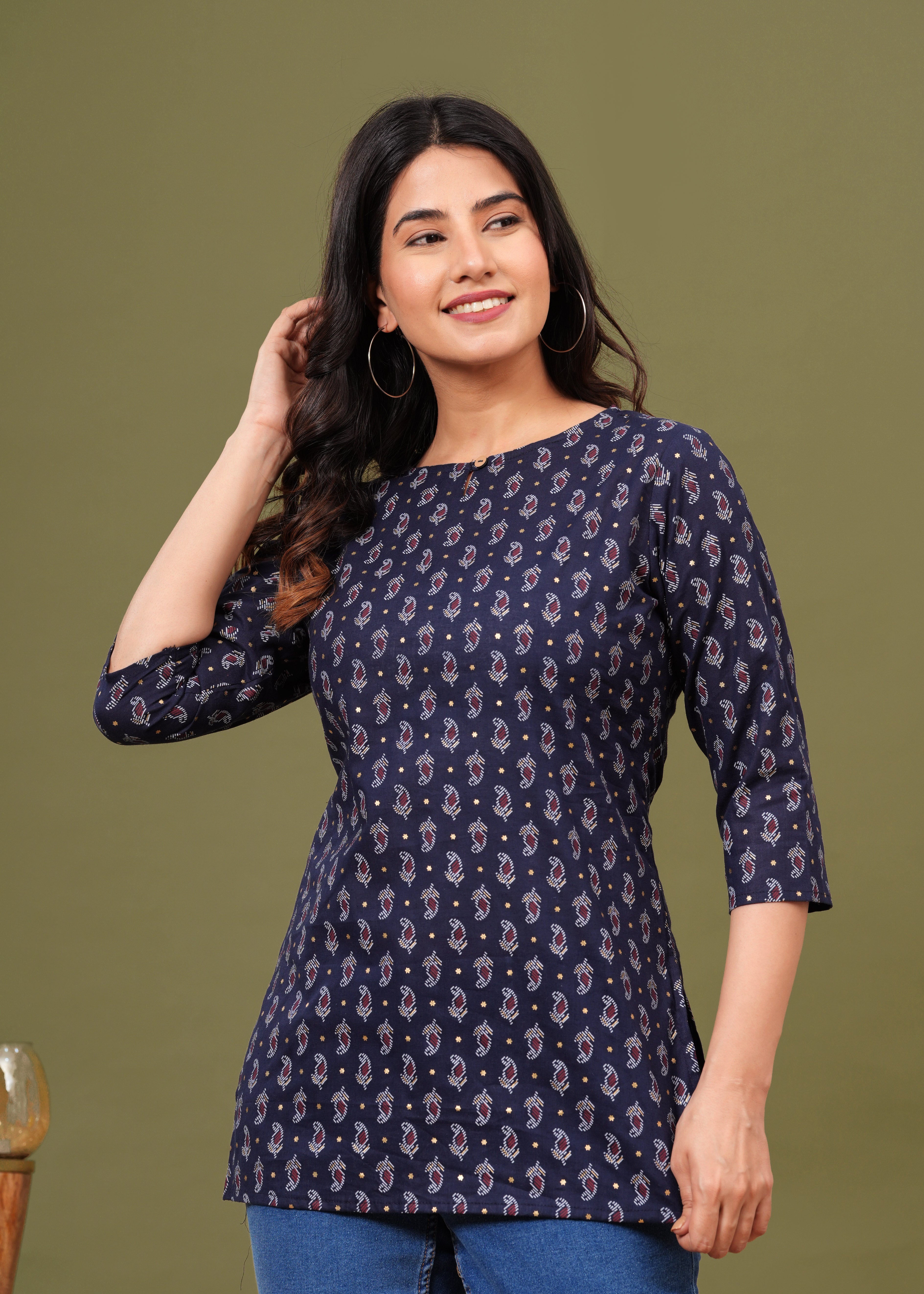 Navy Blue Regular Fit Cotton Top with All-Over Print