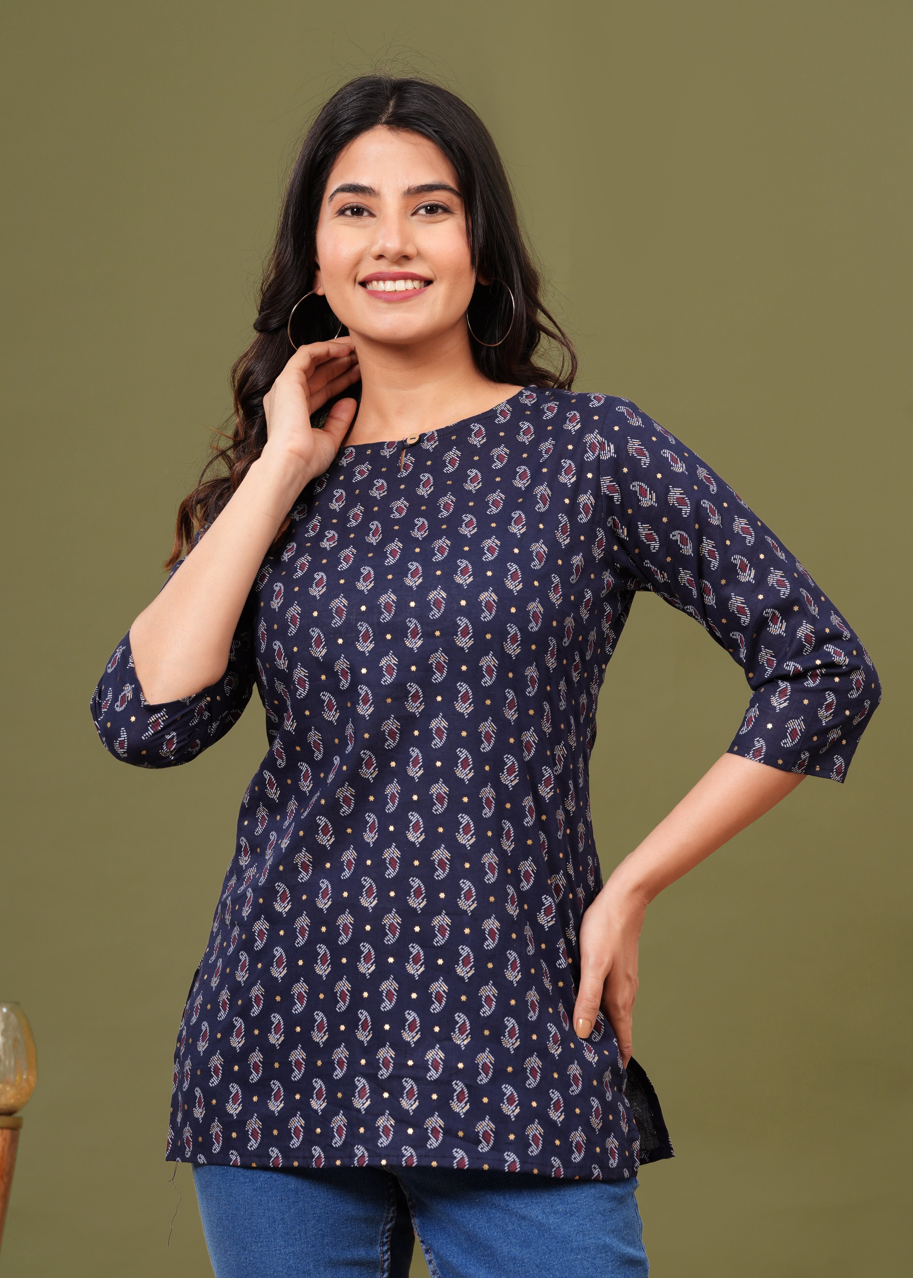 Navy Blue Regular Fit Cotton Top with All-Over Print