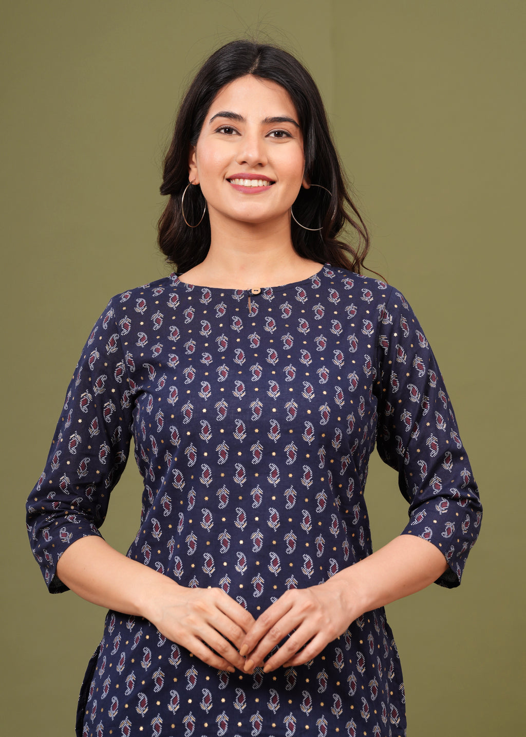 Navy Blue Regular Fit Cotton Top with All-Over Print