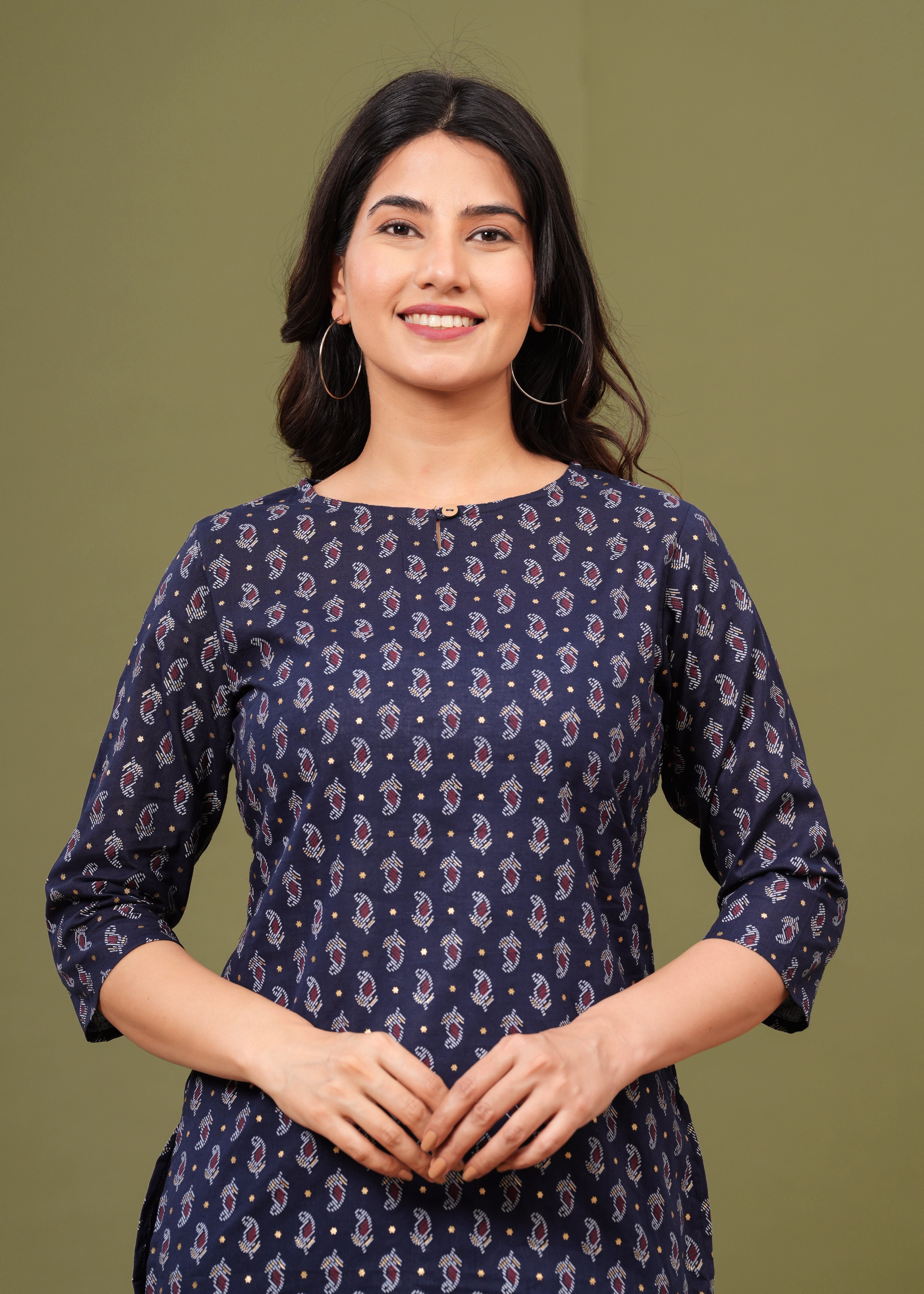 Navy Blue Regular Fit Cotton Top with All-Over Print
