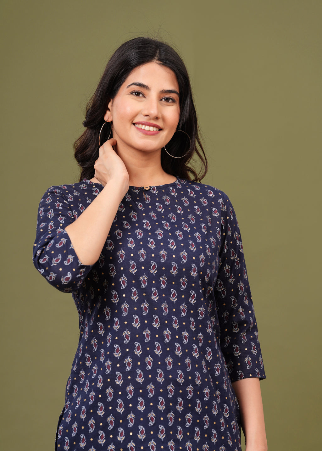Navy Blue Regular Fit Cotton Top with All-Over Print