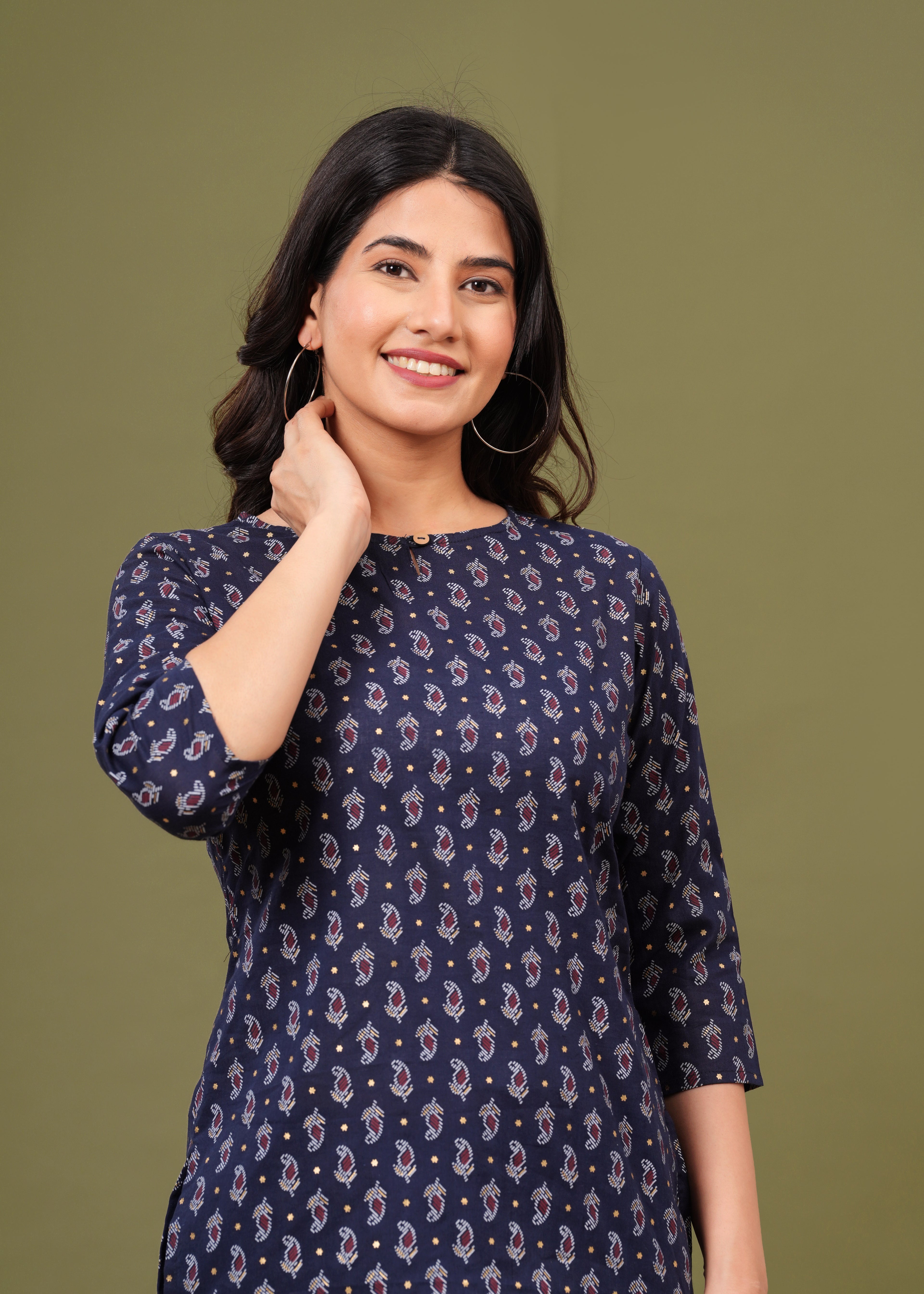 Navy Blue Regular Fit Cotton Top with All-Over Print