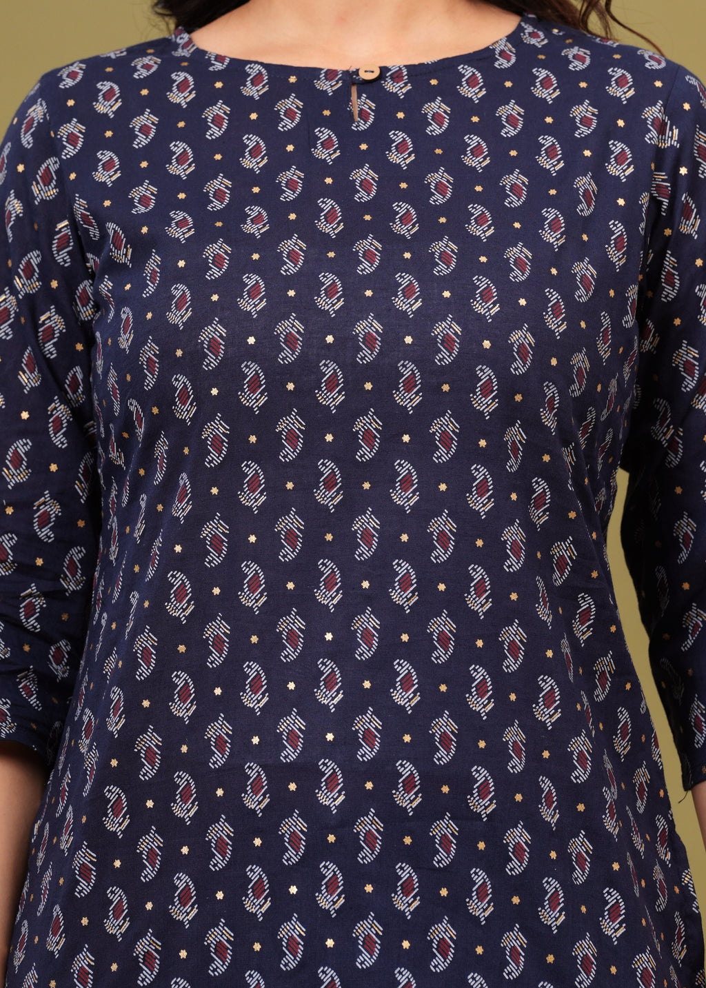 Navy Blue Regular Fit Cotton Top with All-Over Print