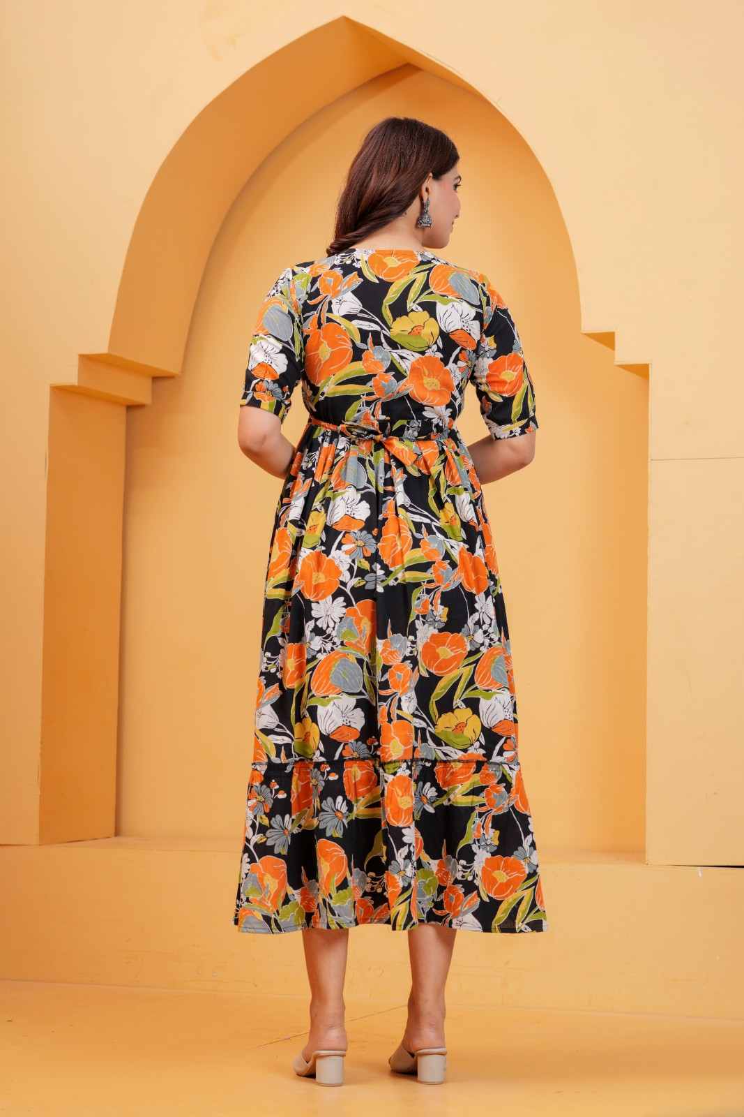 Clothycorp Black and Orange Floral Printed Maternity Maxi Dress for Women